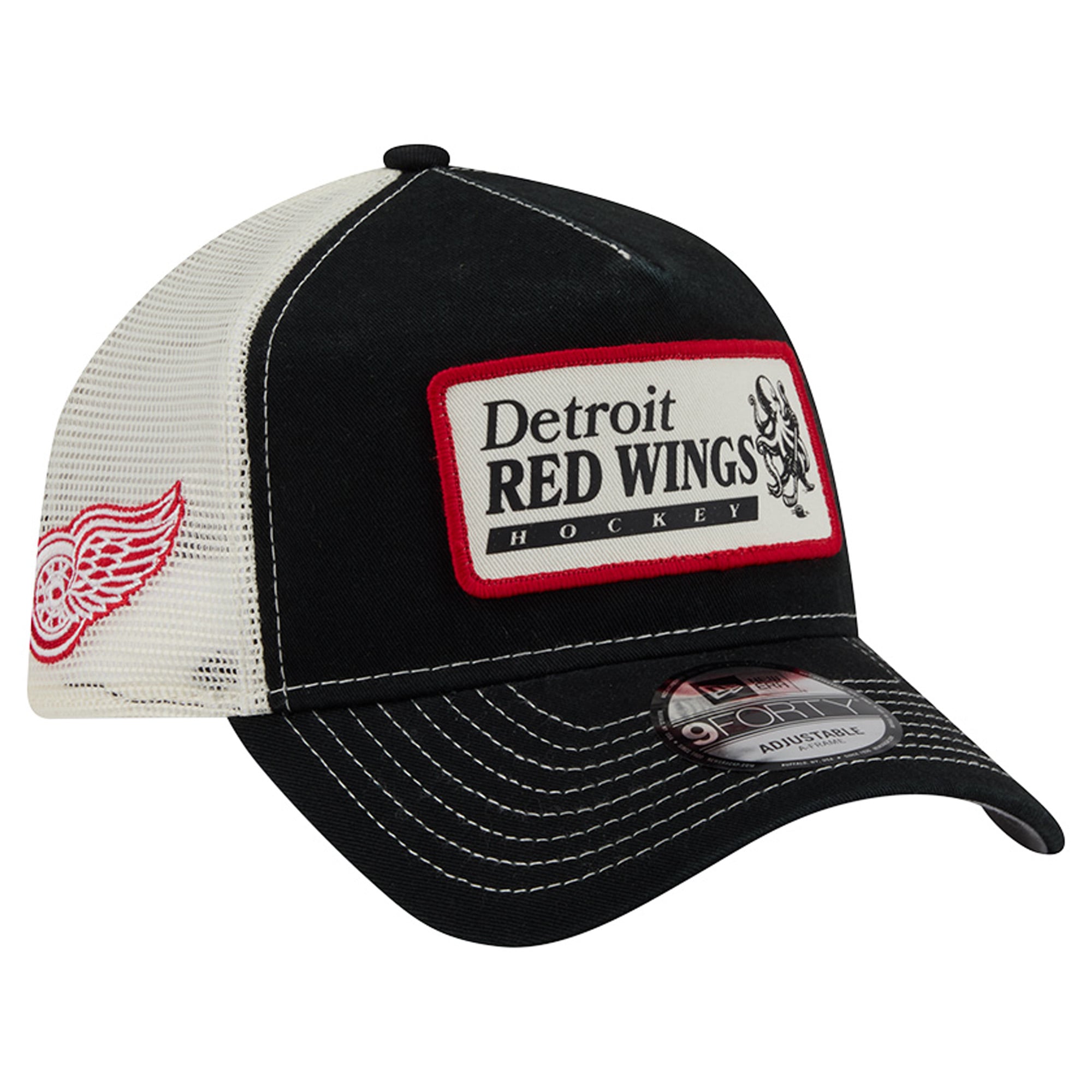 Men's New Era Black/White Detroit Red Wings Skater Patch A-Frame 9FORTY Adjustable Trucker Hat