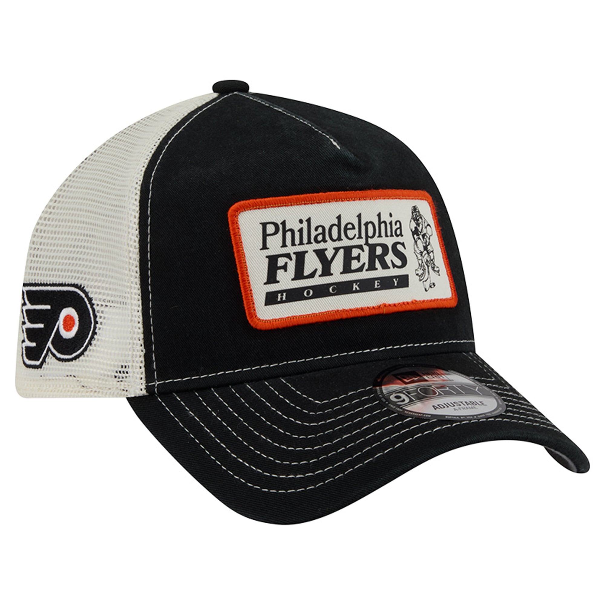 Men's New Era Black/White Philadelphia Flyers Skater Patch A-Frame 9FORTY Adjustable Trucker Hat