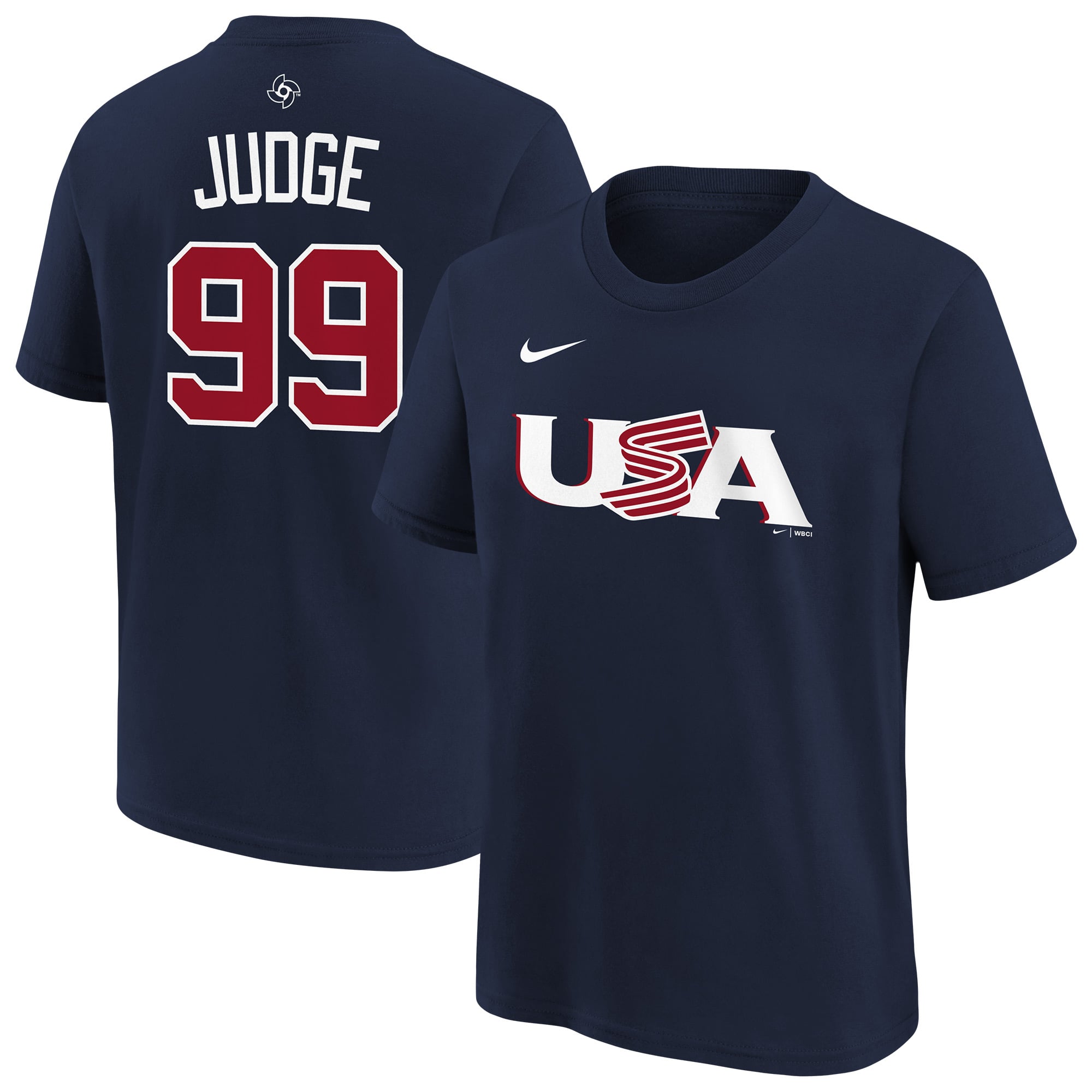 Youth Nike Aaron Judge Navy USA Baseball 2026 World Baseball Classic Name & Number T-Shirt