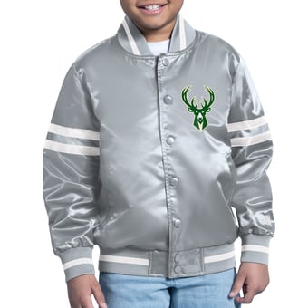 Youth Starter Gray Milwaukee Bucks Comic-Style Satin Full-Snap Varsity Jacket