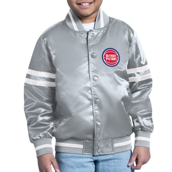 Youth Starter Gray Detroit Pistons Comic-Style Satin Full-Snap Varsity Jacket