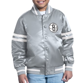 Youth Starter Gray Brooklyn Nets Comic-Style Satin Full-Snap Varsity Jacket