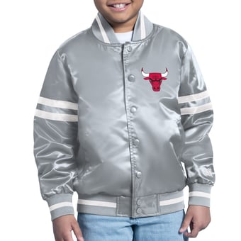 Youth Starter Gray Chicago Bulls Comic-Style Satin Full-Snap Varsity Jacket