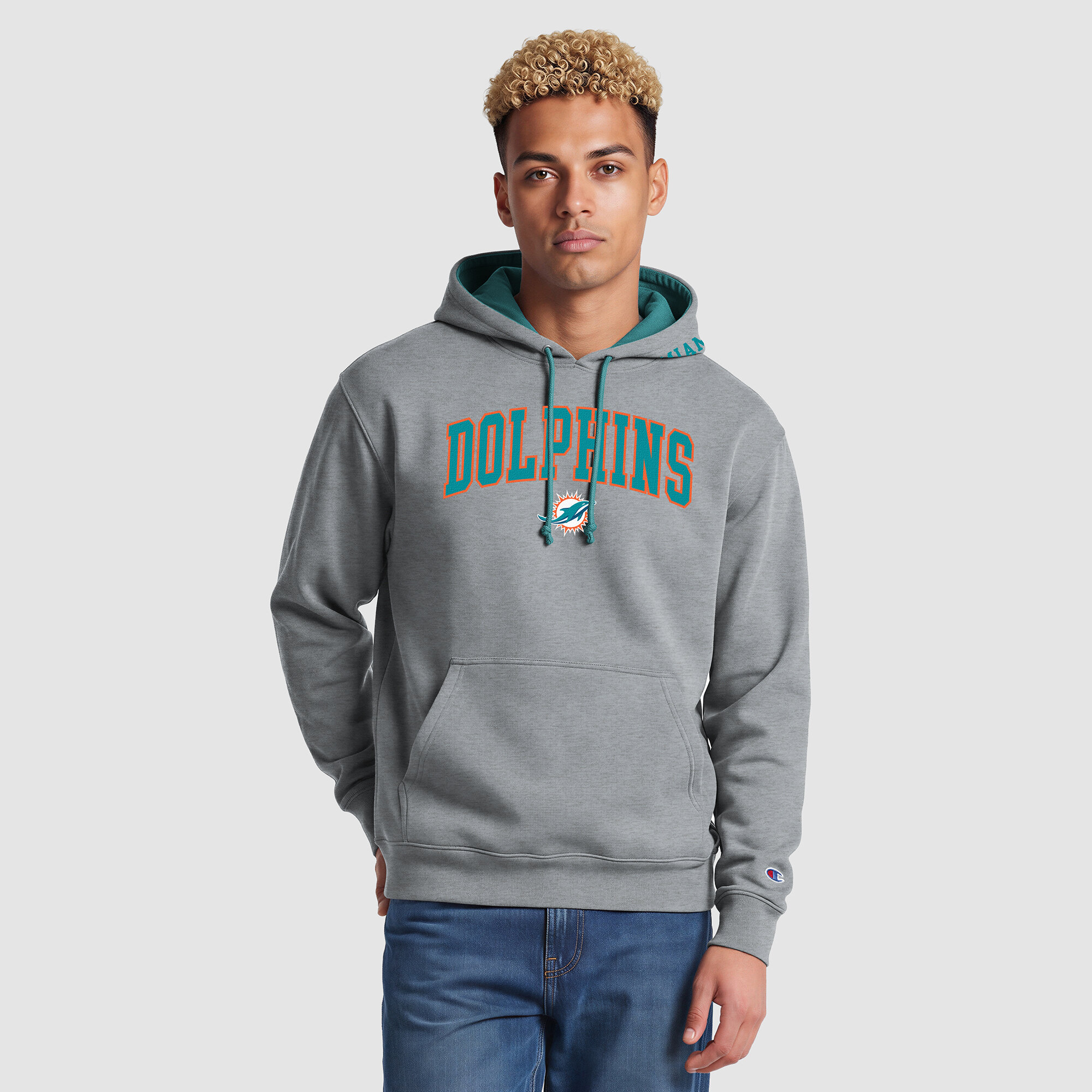 Men's Champion  Heather Gray/Aqua Miami Dolphins Contrast Hoodie
