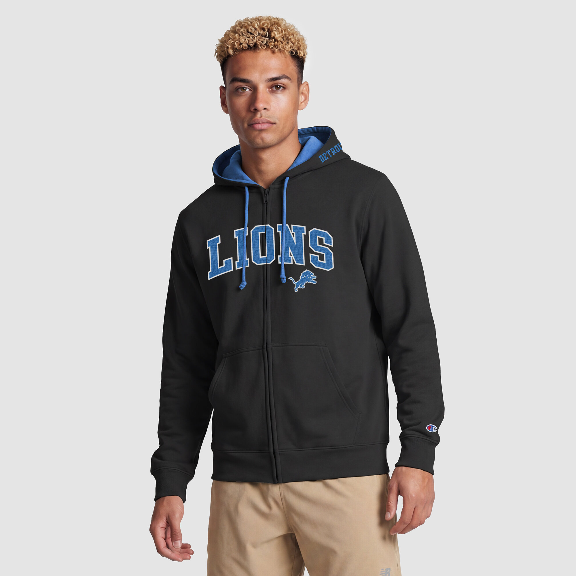 Men's Champion  Black/Blue Detroit Lions Full-Zip Hoodie