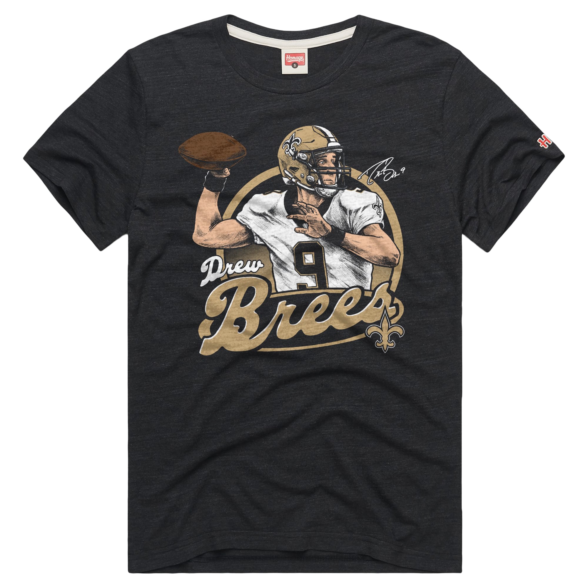 Unisex Homage Drew Brees Charcoal New Orleans Saints Classic Illustration Tri-Blend T-Shirt