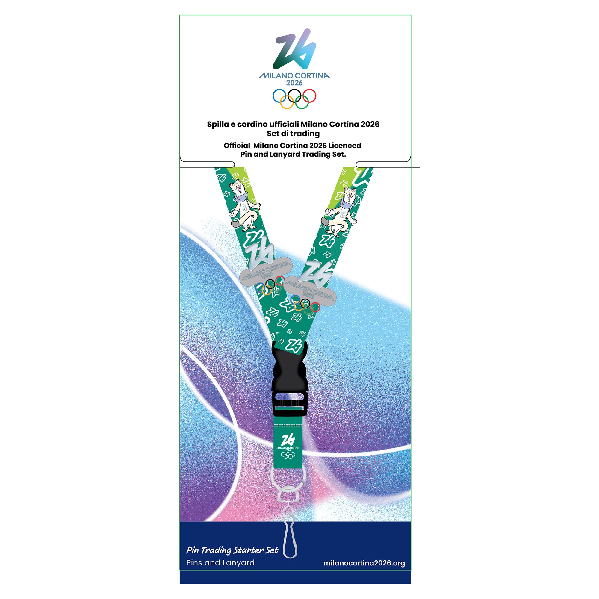 Lanyard Milano Cortina 2026 con mascotte Tina e spille Milano Cortina