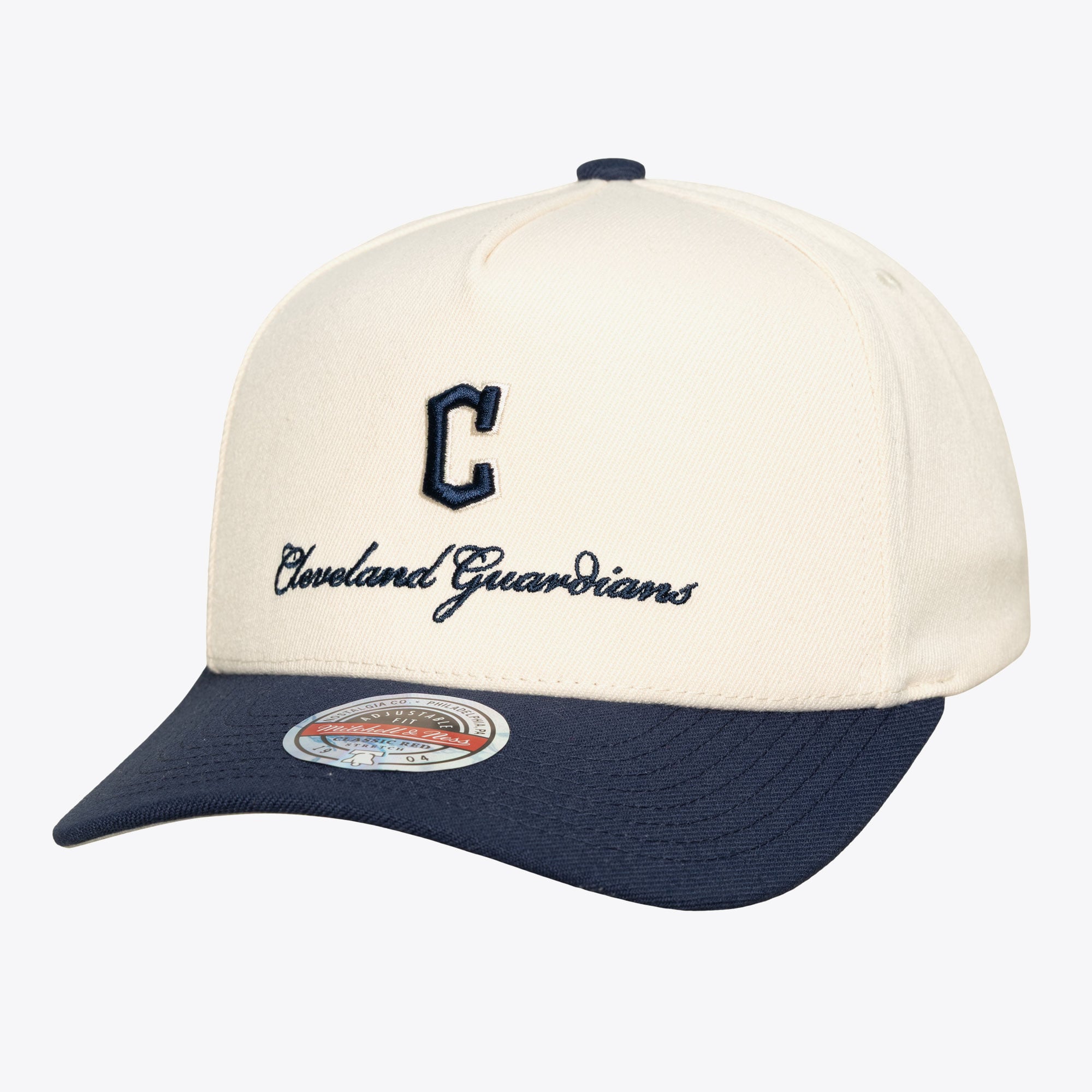 Men's Mitchell & Ness Cream/Navy Cleveland Guardians Flawless Stretch-Snapback Hat