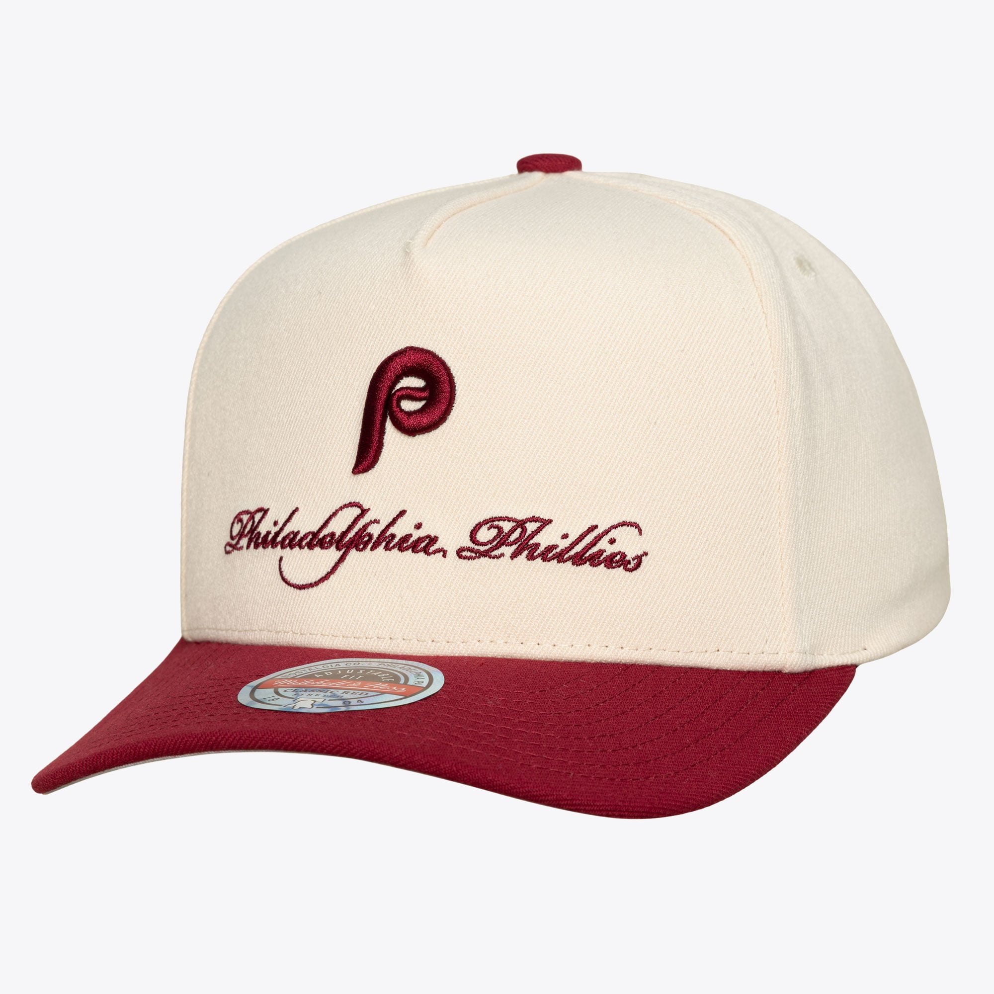 Men's Mitchell & Ness Cream/Burgundy Philadelphia Phillies Cooperstown Collection Flawless Script Stretch-Snap Hat