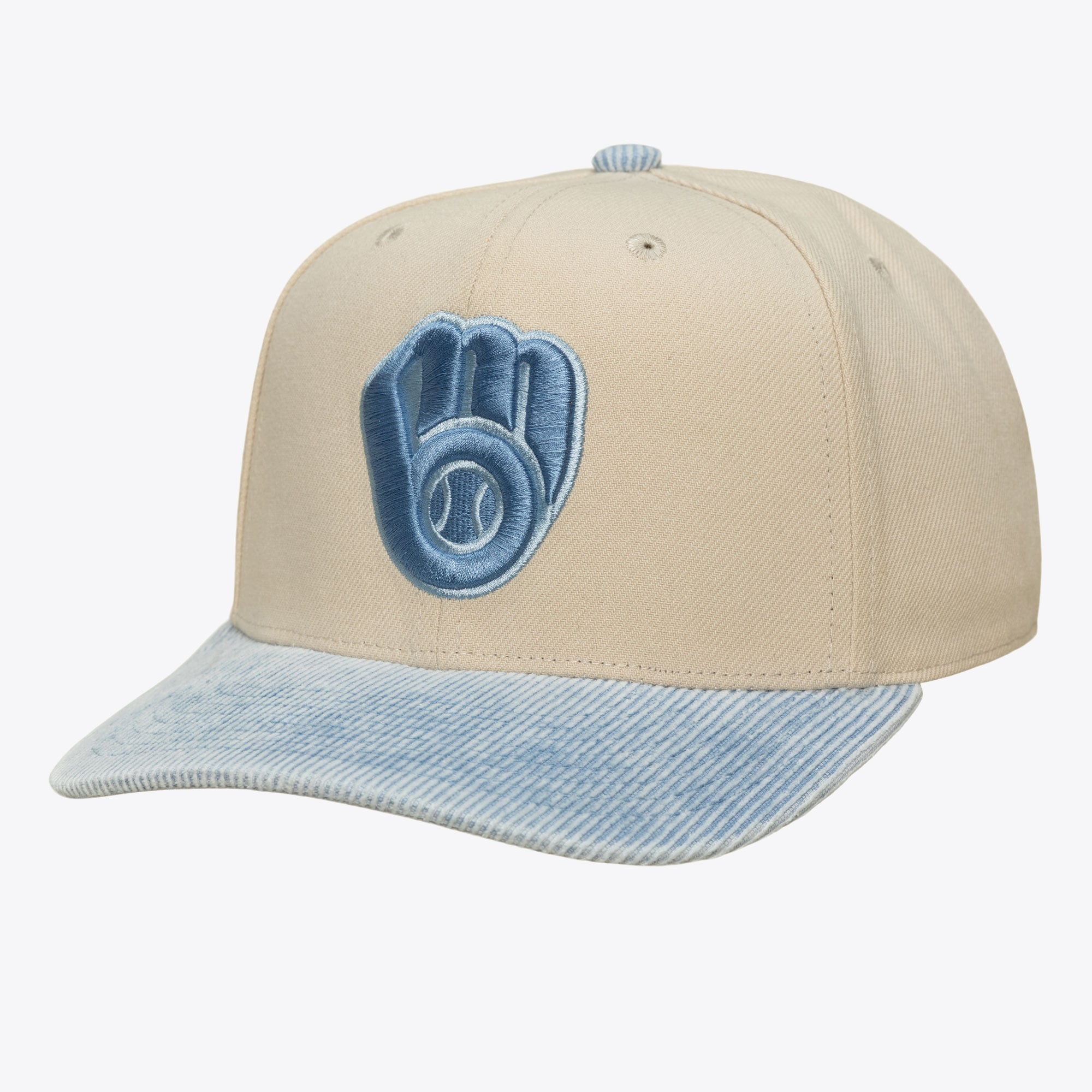 Men's Mitchell & Ness  Cream/Light Blue Milwaukee Brewers Washed Corduroy Pro Crown Snapback Hat