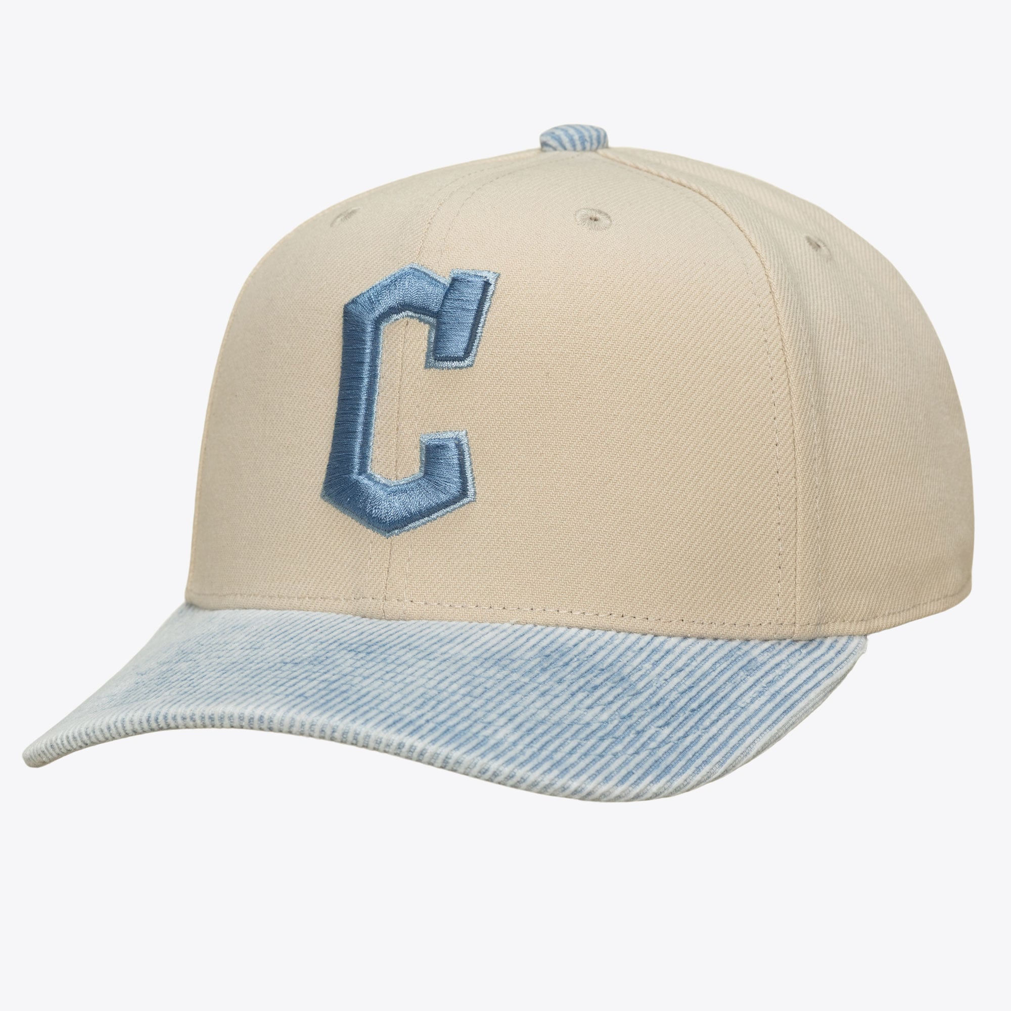 Men's Mitchell & Ness  Cream/Light Blue Cleveland Guardians Washed Corduroy Pro Crown Snapback Hat