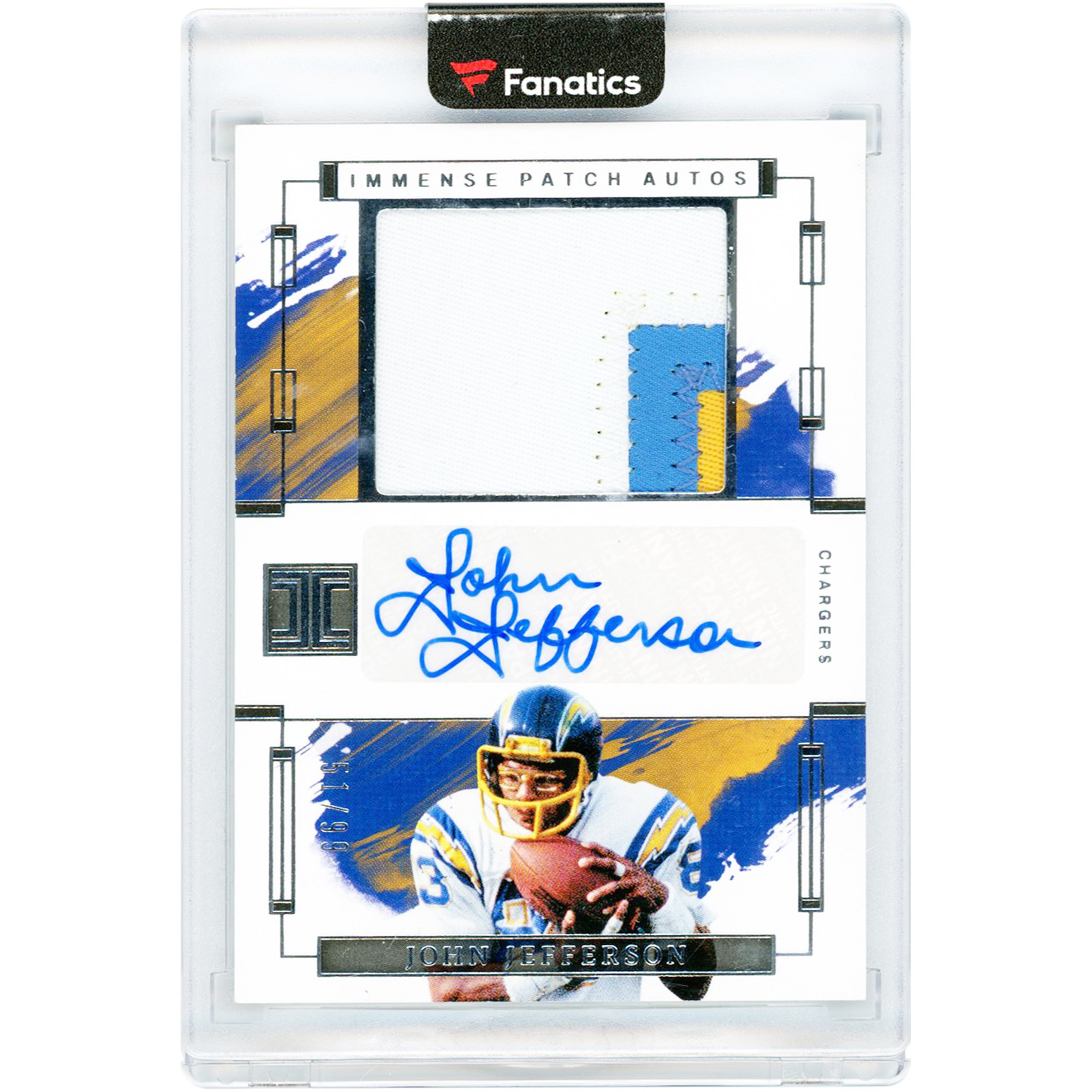 John Jefferson San Diego Chargers Autographed 2024 Panini Impeccable Tri-Color Relic #IPA-JJN #51/99 Card