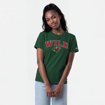 Women's Champion  Green Minnesota Wild Arch Mascot Logo T-Shirt