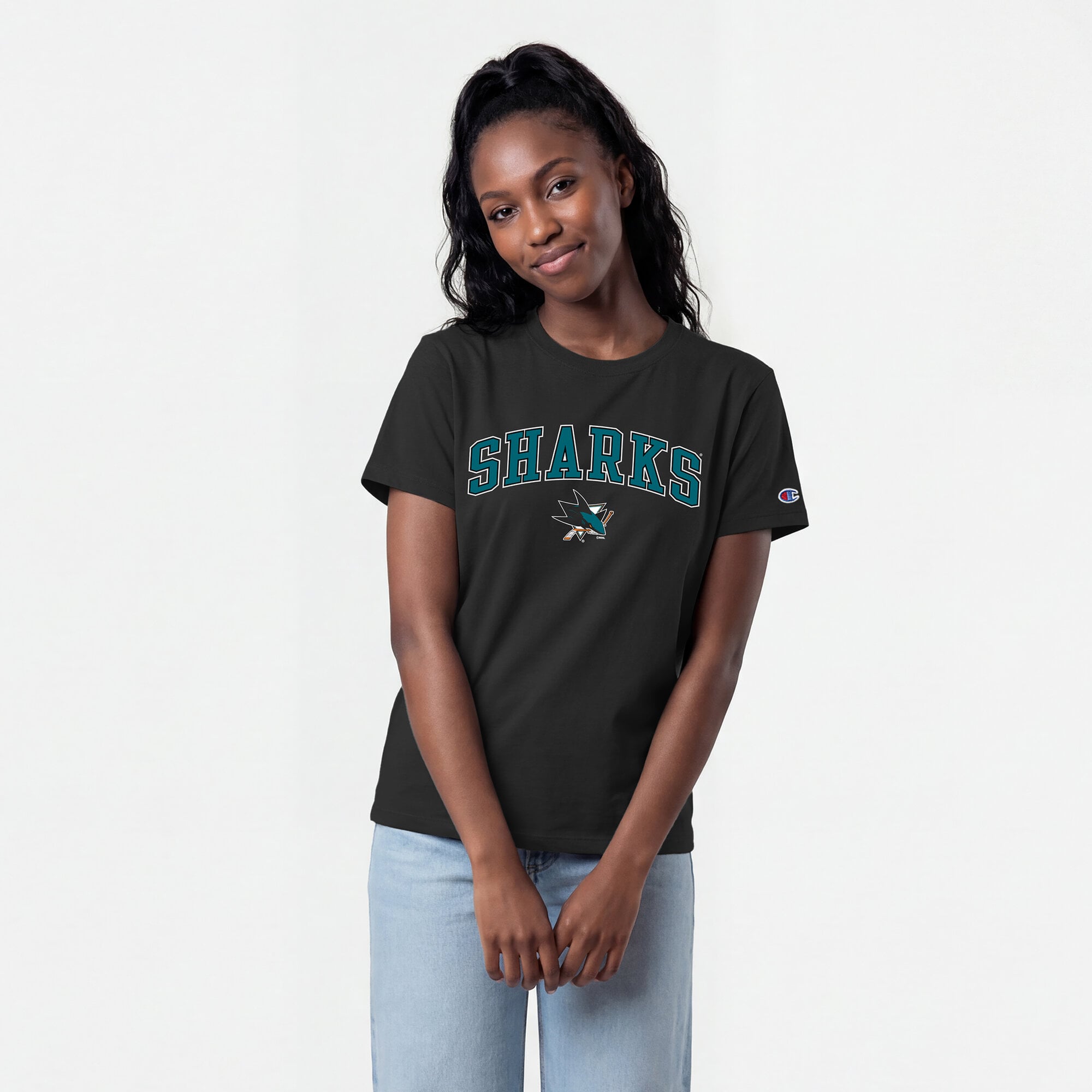 Women's Champion Black San Jose Sharks Arch Mascot Logo T-Shirt