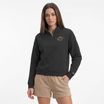 Women's Champion  Black Minnesota Wild Powerblend Quarter-Zip Sweatshirt