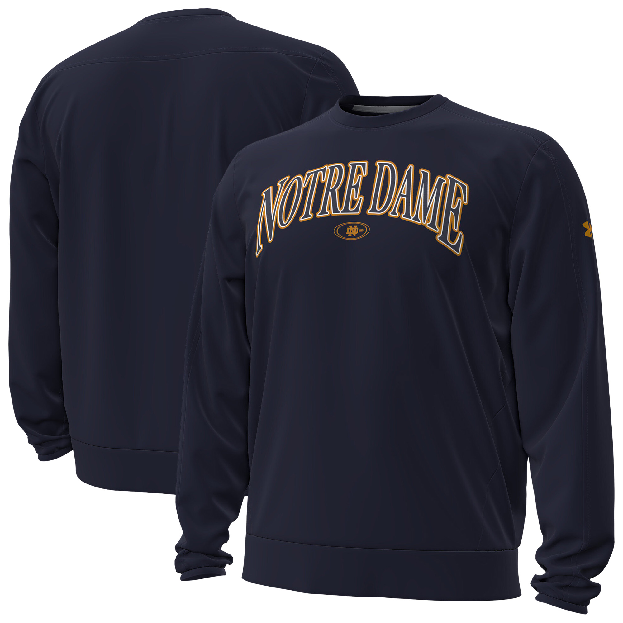 Men's Under Armour  Navy Notre Dame Fighting Irish 2026 Sideline Armour Fleece Pro Storm Crewneck Sweatshirt