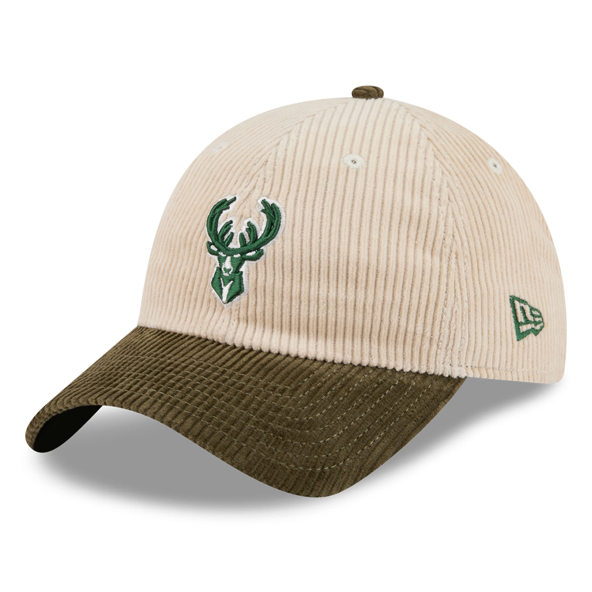 Men's New Era Cream/Hunter Green Milwaukee Bucks Tonal Corduroy Casual Classic Adjustable Hat