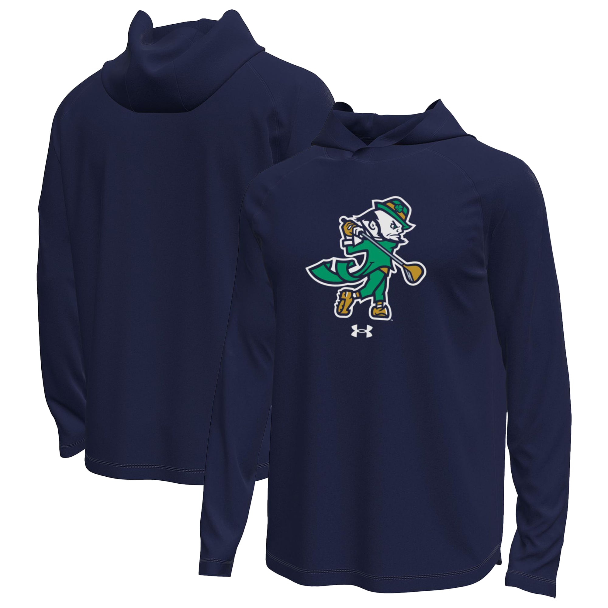 Men's Under Armour Navy Notre Dame Fighting Irish Golf Leprechaun Tech Stretch Long Sleeve Hooded T-Shirt