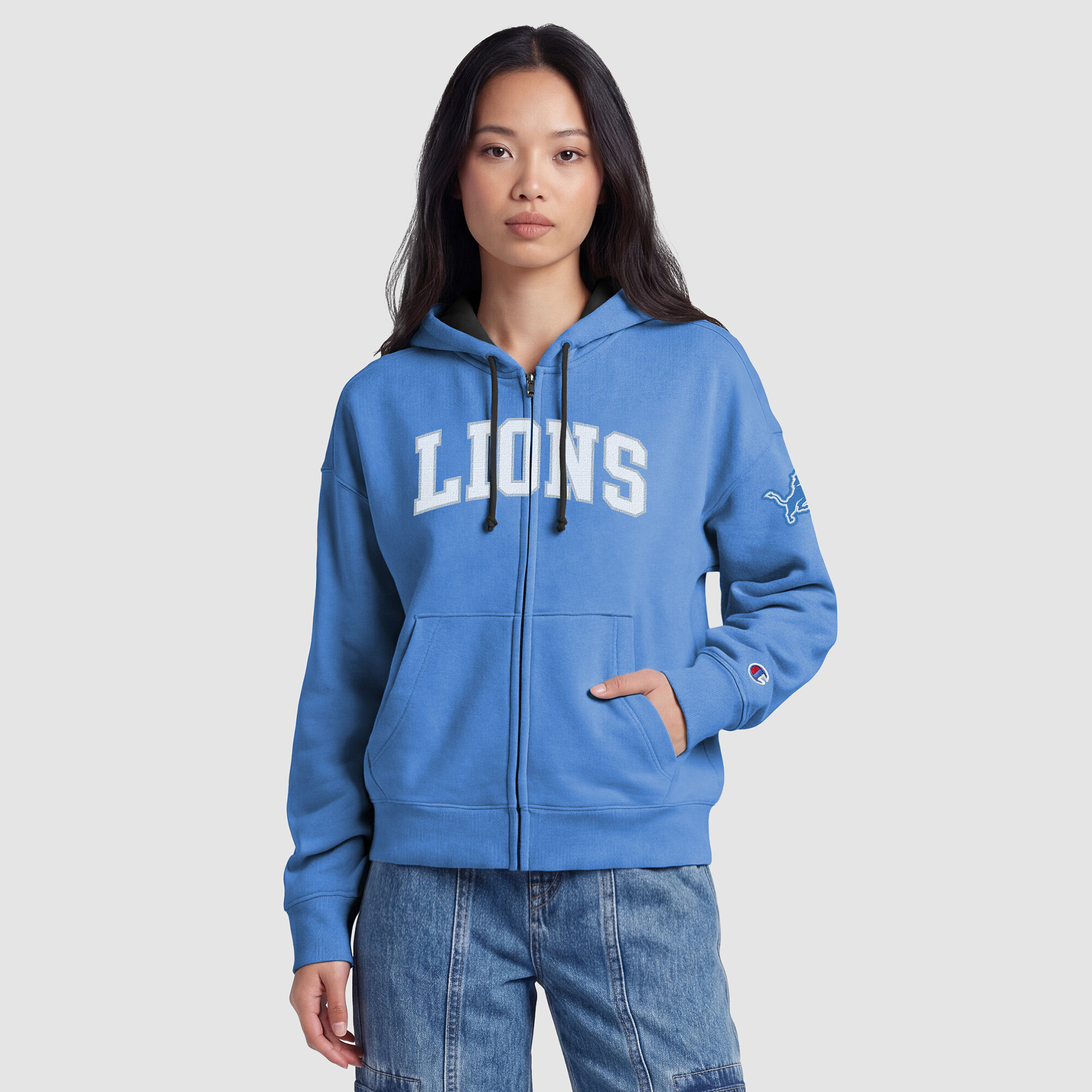 Women's Champion  Blue Detroit Lions Contrast Liner Full-Zip Hoodie
