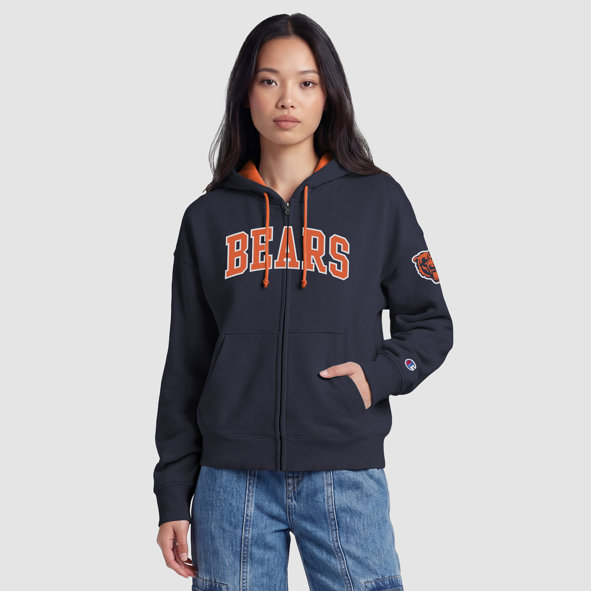 Women's Champion  Navy Chicago Bears Contrast Liner Full-Zip Hoodie