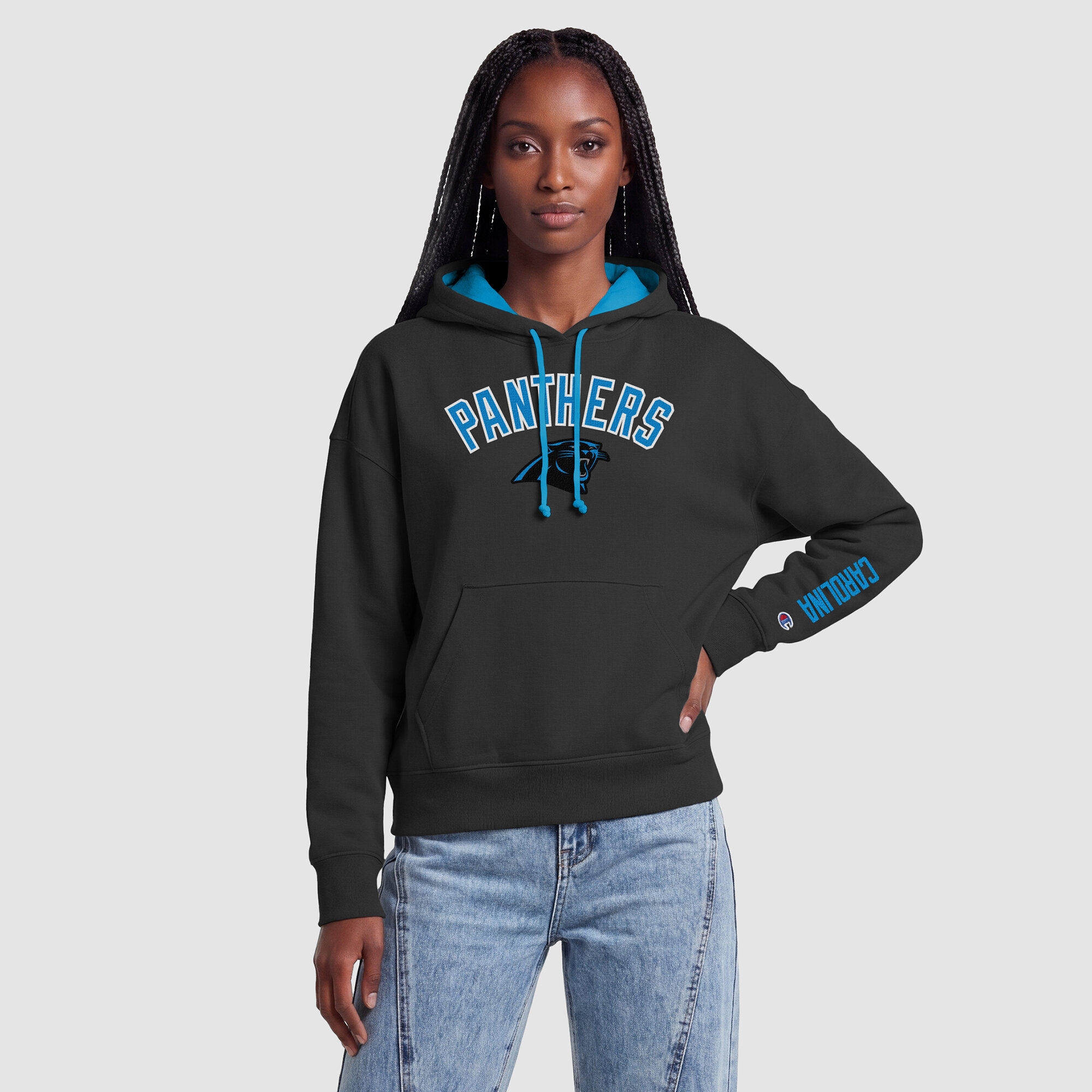 Champion Women's Black/Blue Carolina Panthers Contrast Liner Hoodie - Black, Blue