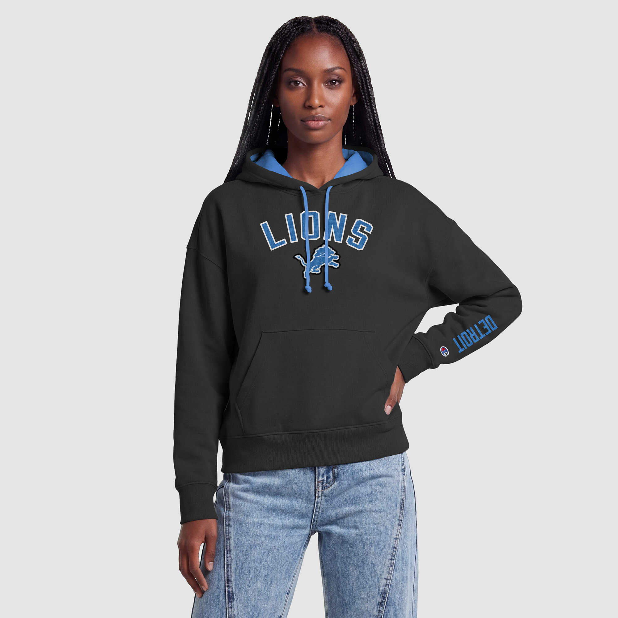 Women's Champion  Black/Blue Detroit Lions Contrast Liner Hoodie