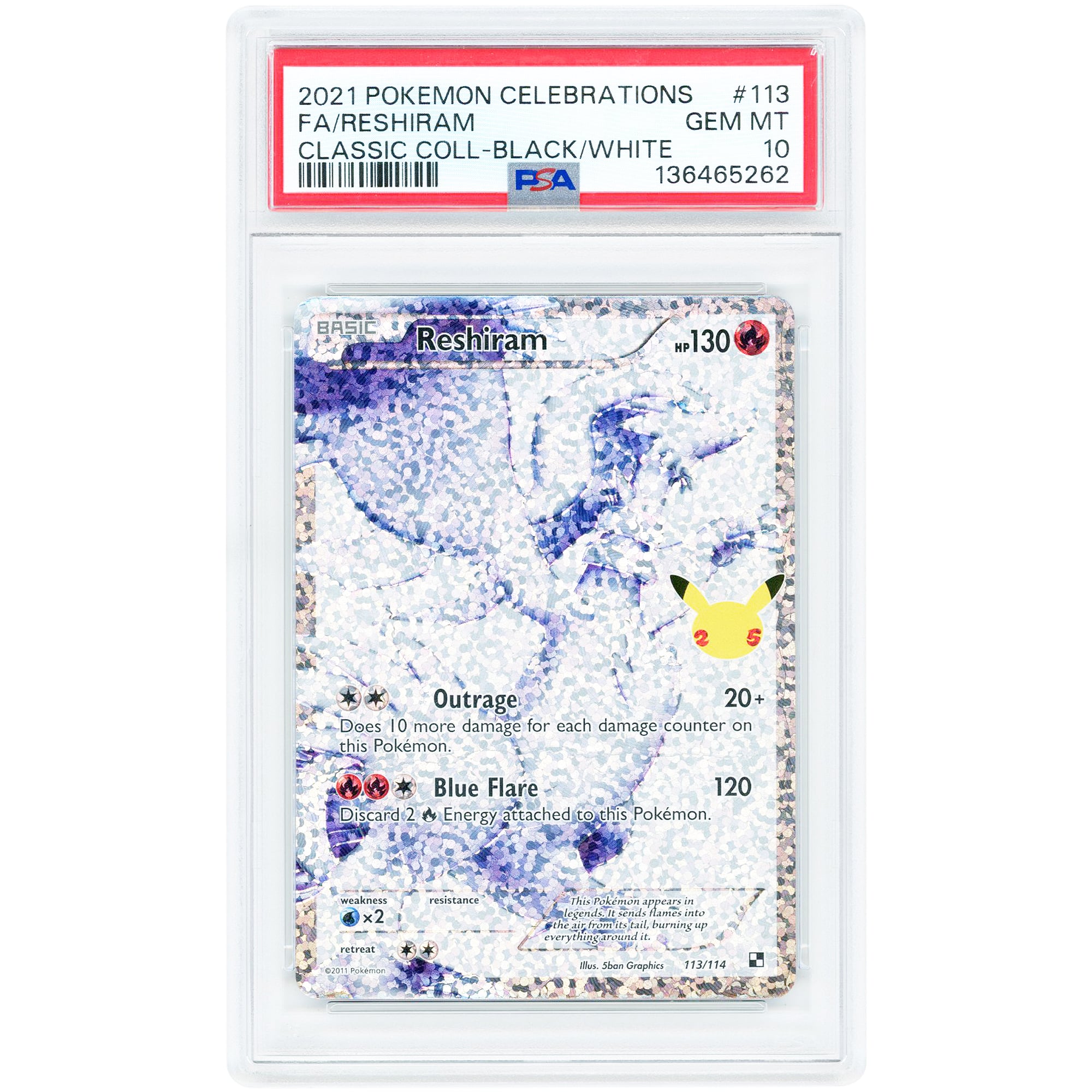 Reshiram 2021 Pokemon Celebrations Classic Collection Black/White #113 PSA Authenticated 10 Card