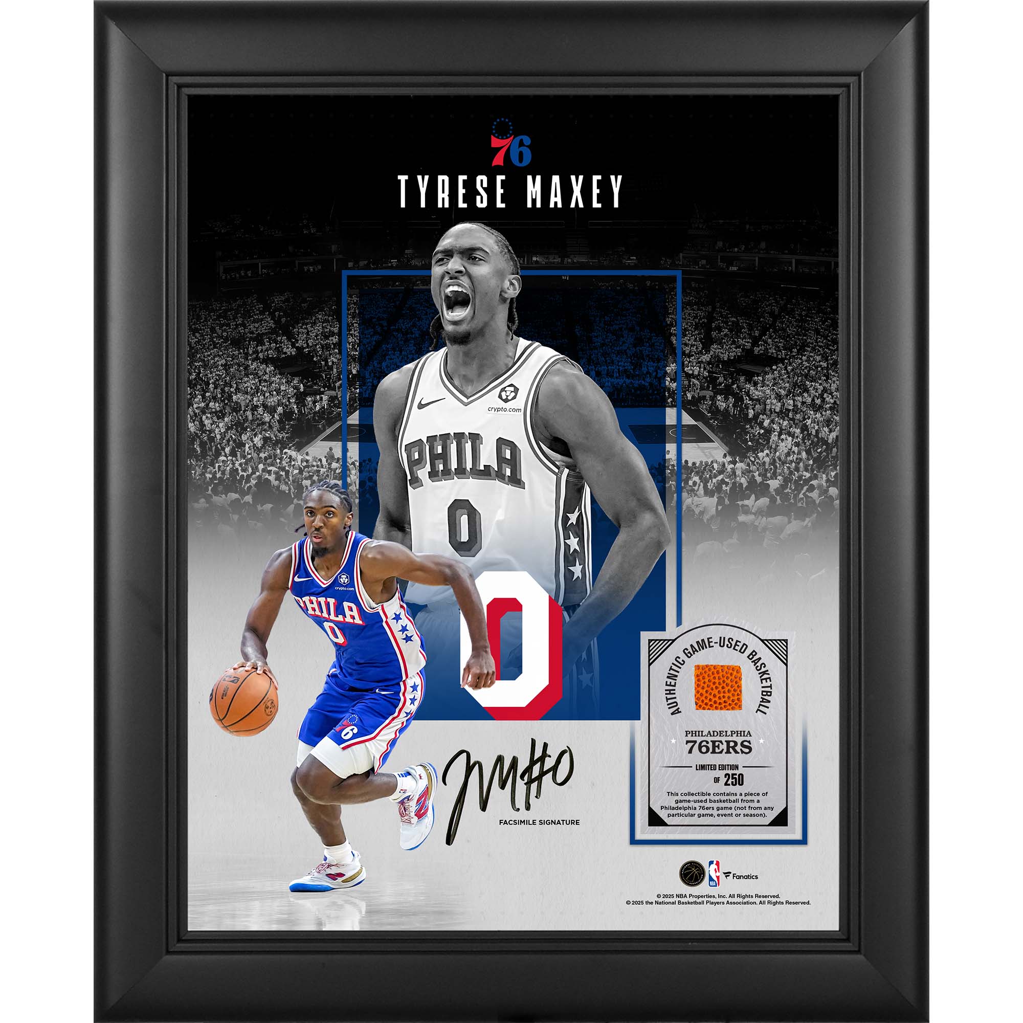 Tyrese Maxey Philadelphia 76ers Facsimile Signature Framed 11" x 14" Showcase Collage with a Piece of Game-Used Basketball - Limited Edition of 250