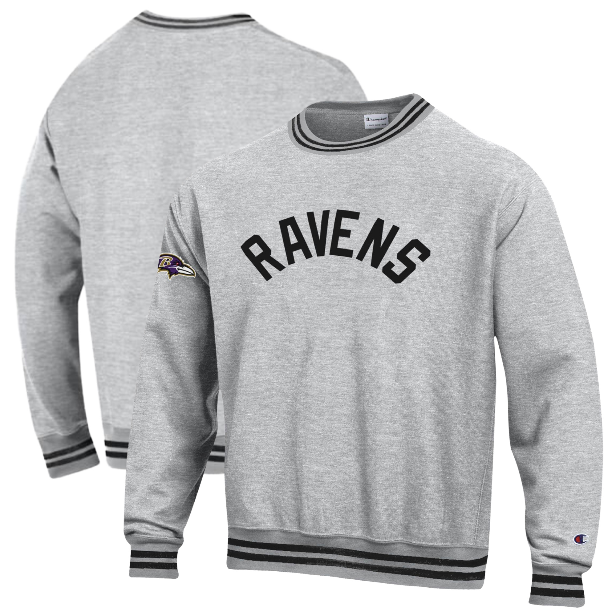 Men's Champion Heather Gray/Black Baltimore Ravens Reverse Weave Yarn Dye Sweatshirt