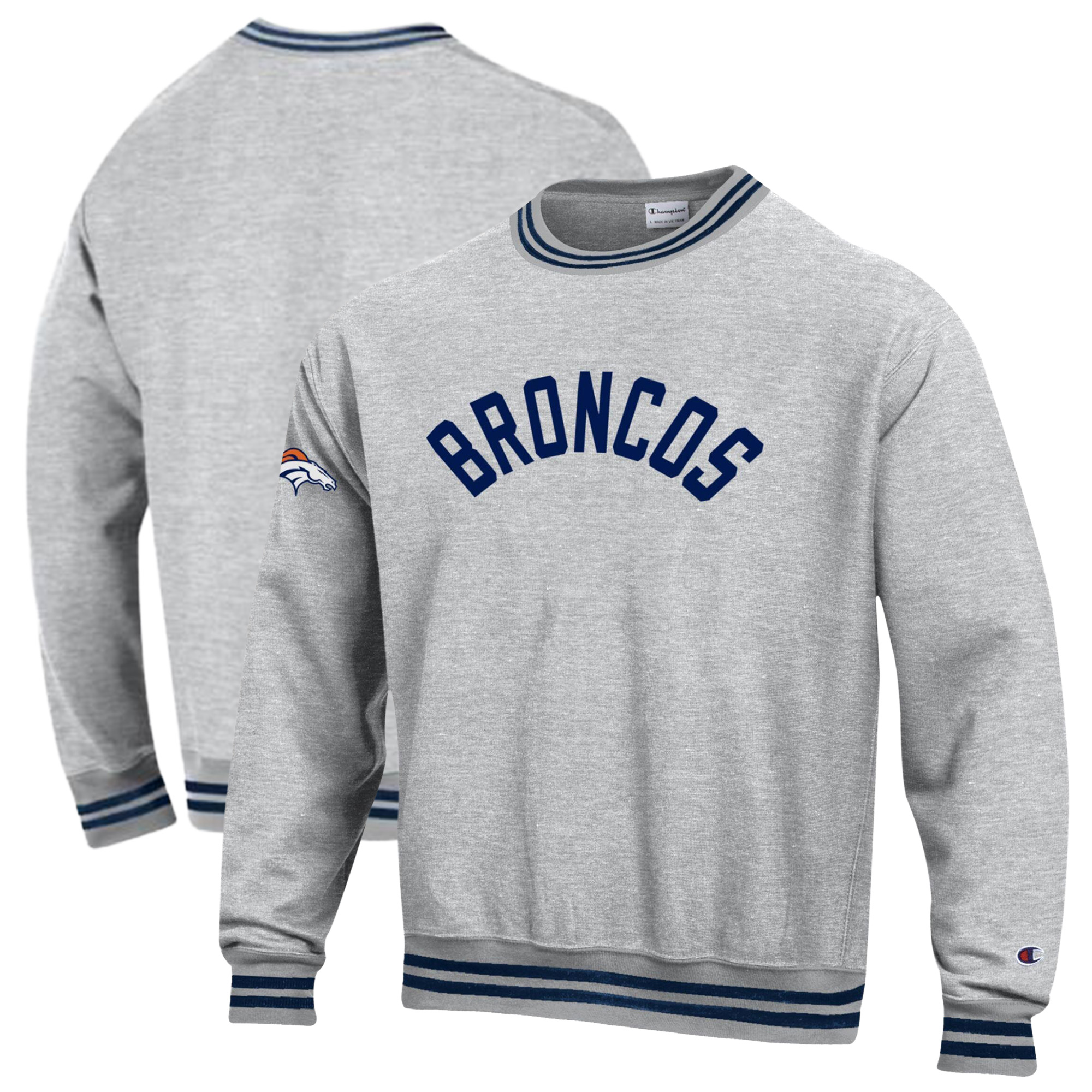 Men's Champion Heather Gray/Navy Denver Broncos Reverse Weave Yarn Dye Sweatshirt