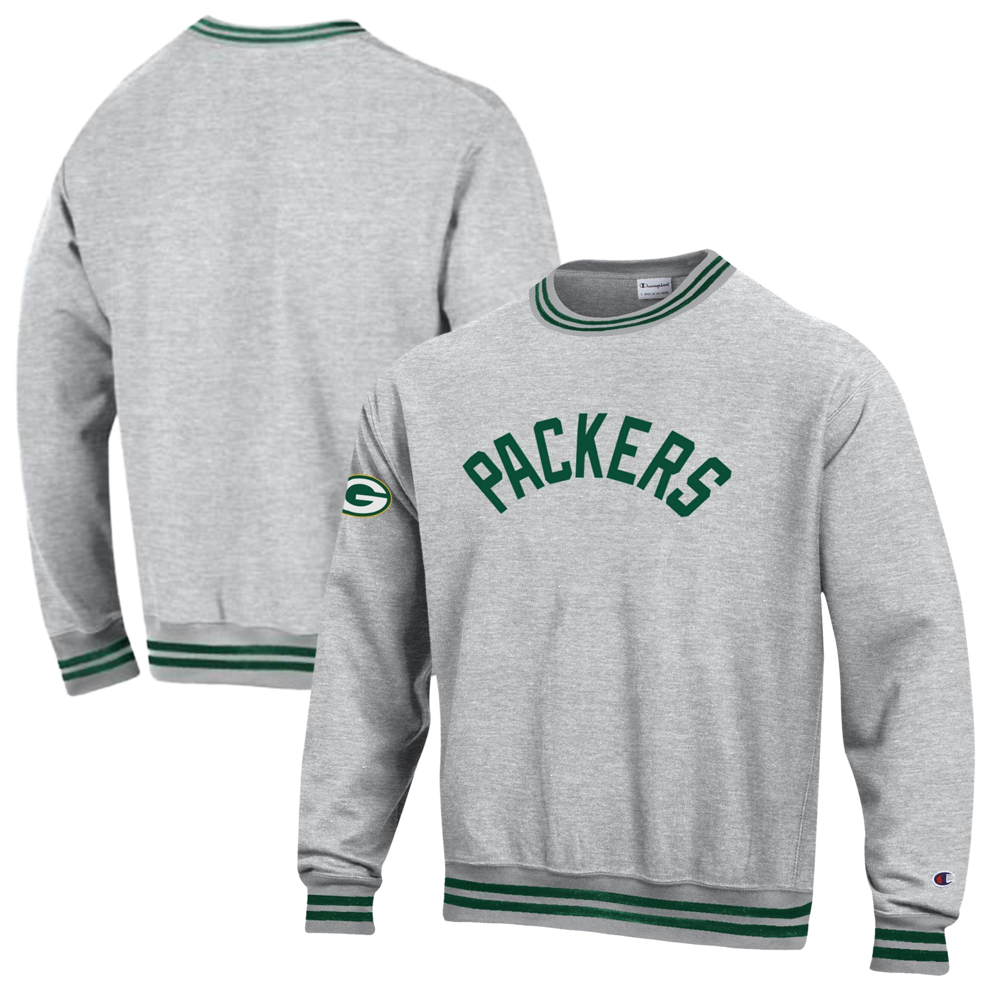 Men's Champion  Heather Gray/Green Green Bay Packers Reverse Weave Yarn Dye Sweatshirt