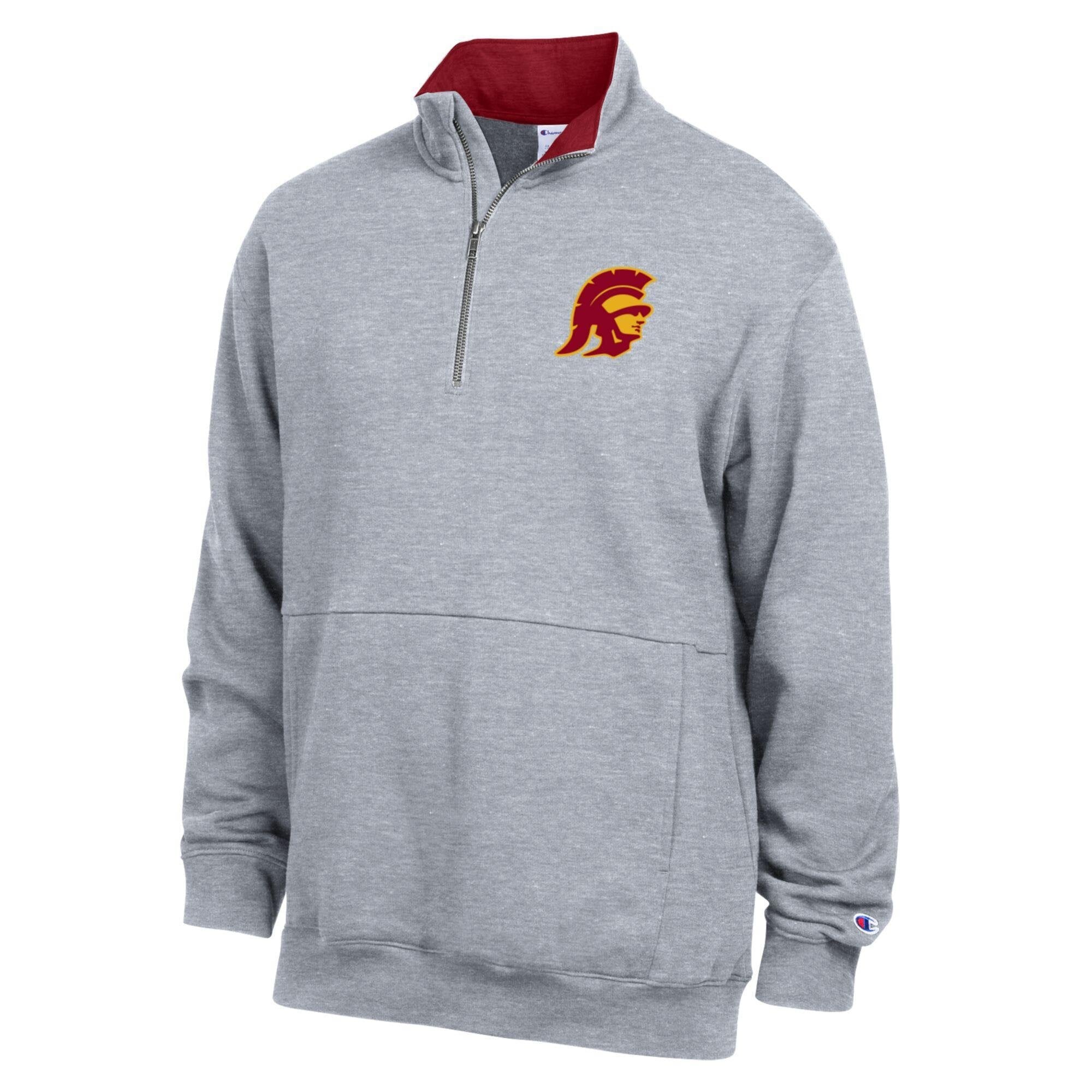 Men's Champion  Heather Gray USC Trojans Fleece Quarter-Zip Pullover