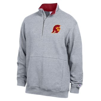 Men's Champion  Heather Gray USC Trojans Fleece Quarter-Zip Pullover
