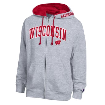 Men's Champion Heather Gray Wisconsin Badgers Arch Logo Full-Zip Fleece Hoodie
