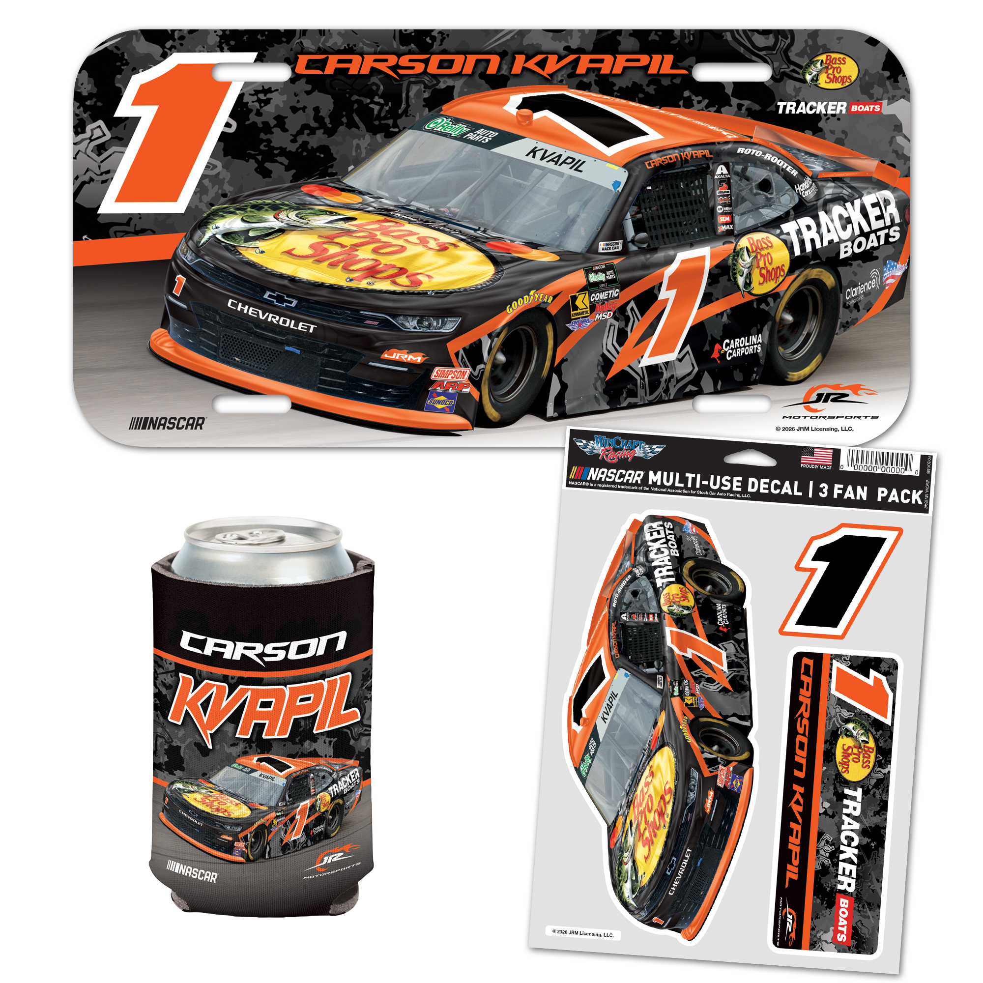 WinCraft Carson Kvapil Bass Pro Shops Fan Pack with License Plate, Decal Set & Can Cooler