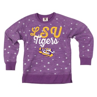 Girls Youth Wes & Willy Purple LSU Tigers Shimmer Star Reverse Fleece Sweatshirt