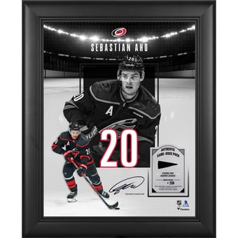 Sebastian Aho Carolina Hurricanes Facsimile Signature Framed 11" x 14" Showcase Collage with a Piece of Game-Used Puck - Limited Edition of 250