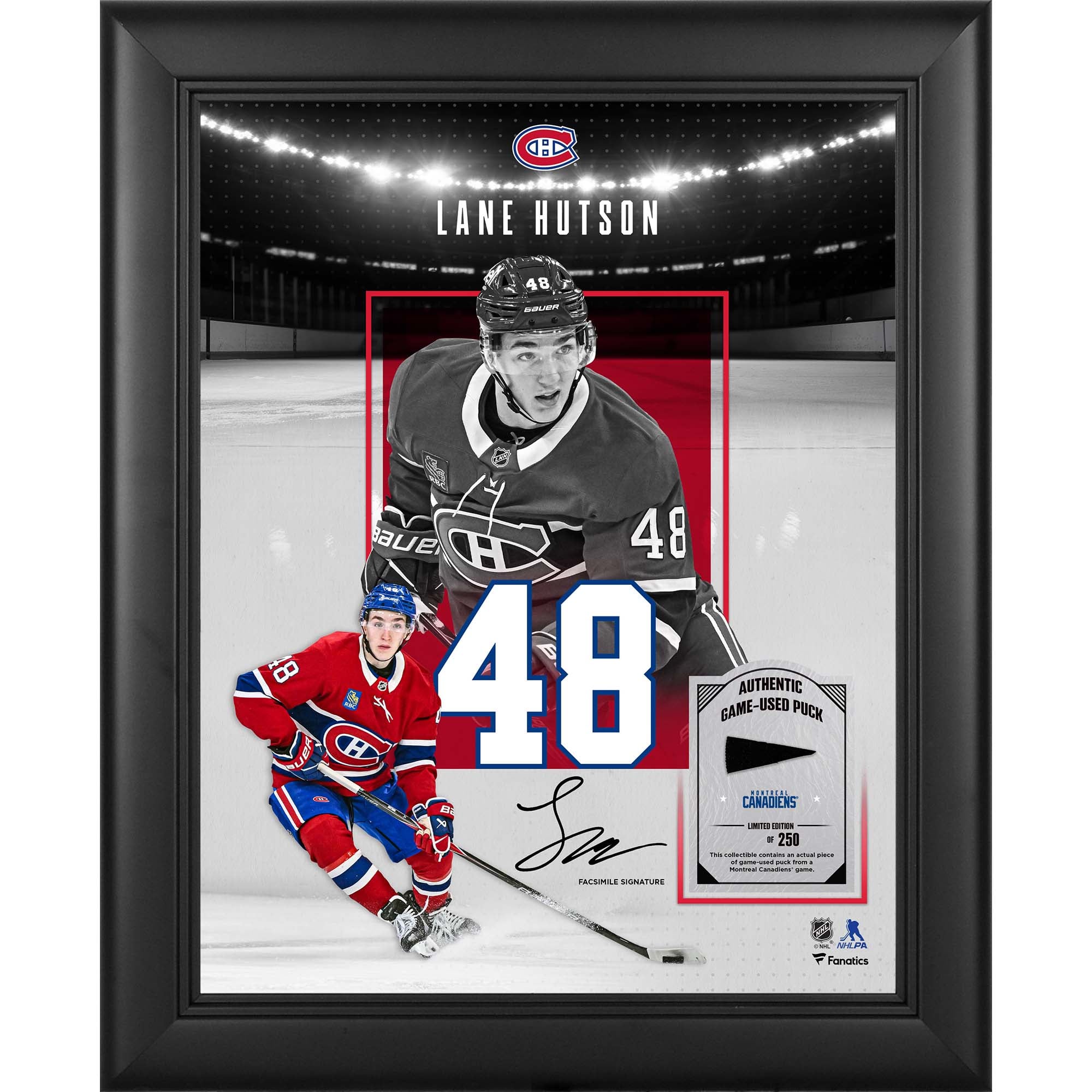 Lane Hutson Montreal Canadiens Facsimile Signature Framed 11" x 14" Showcase Collage with a Piece of Game-Used Puck - Limited Edition of 250