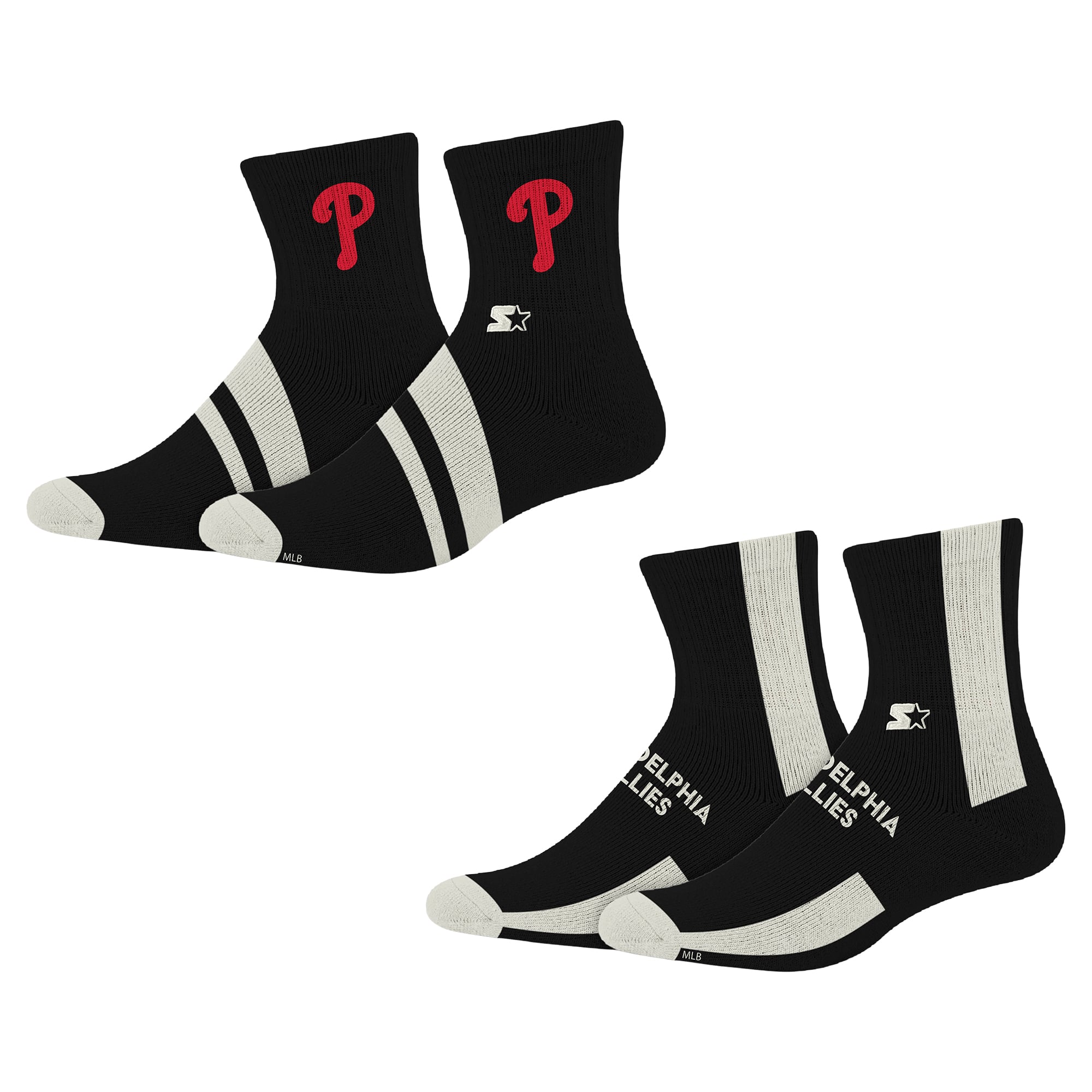 Starter Black Philadelphia Phillies Summit Stripe 2-Pair Pack Quarter Socks