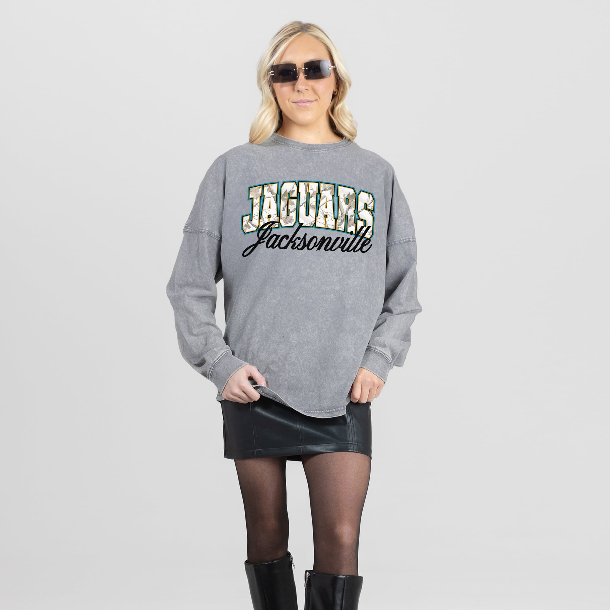 Women's Gameday Couture Gray Jacksonville Jaguars On The Hunt Oversized Snow Wash Long Sleeve T-Shirt