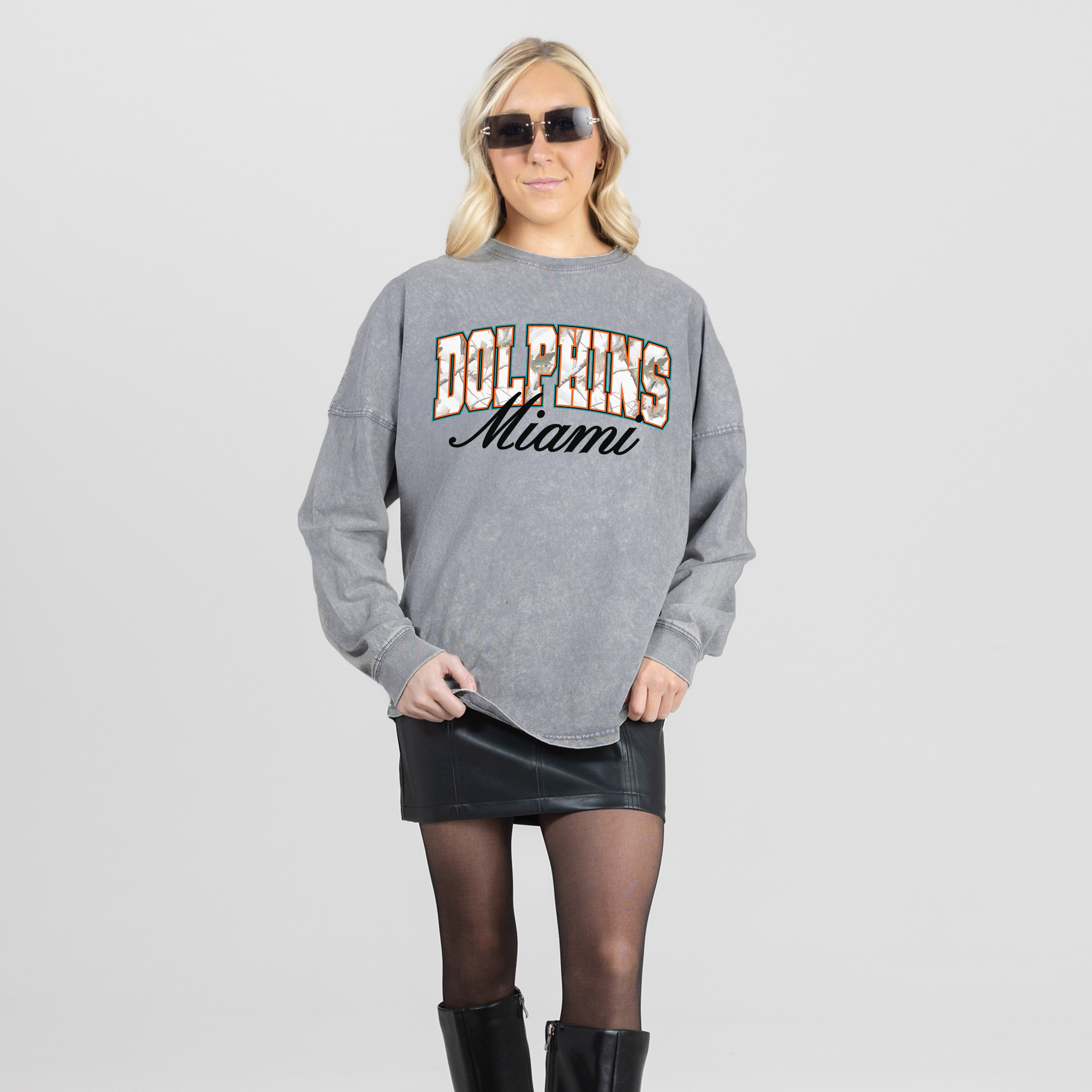Women's Gameday Couture Gray Miami Dolphins On The Hunt Oversized Snow Wash Long Sleeve T-Shirt