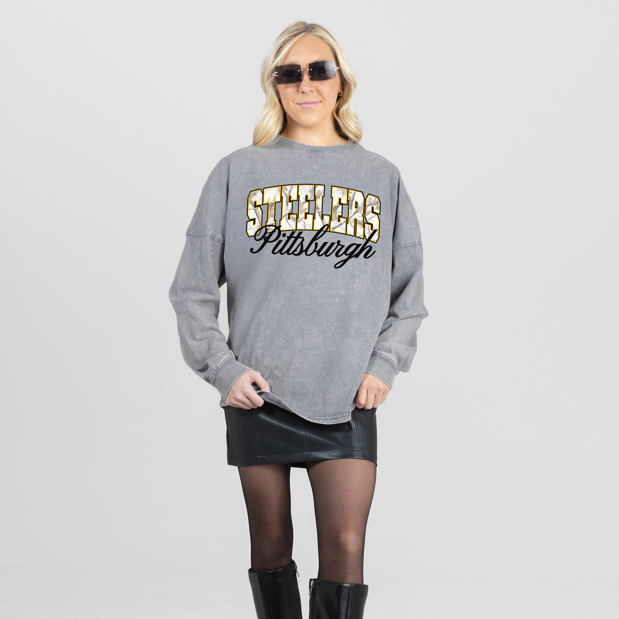 Women's Gameday Couture Gray Pittsburgh Steelers On The Hunt Oversized Snow Wash Long Sleeve T-Shirt