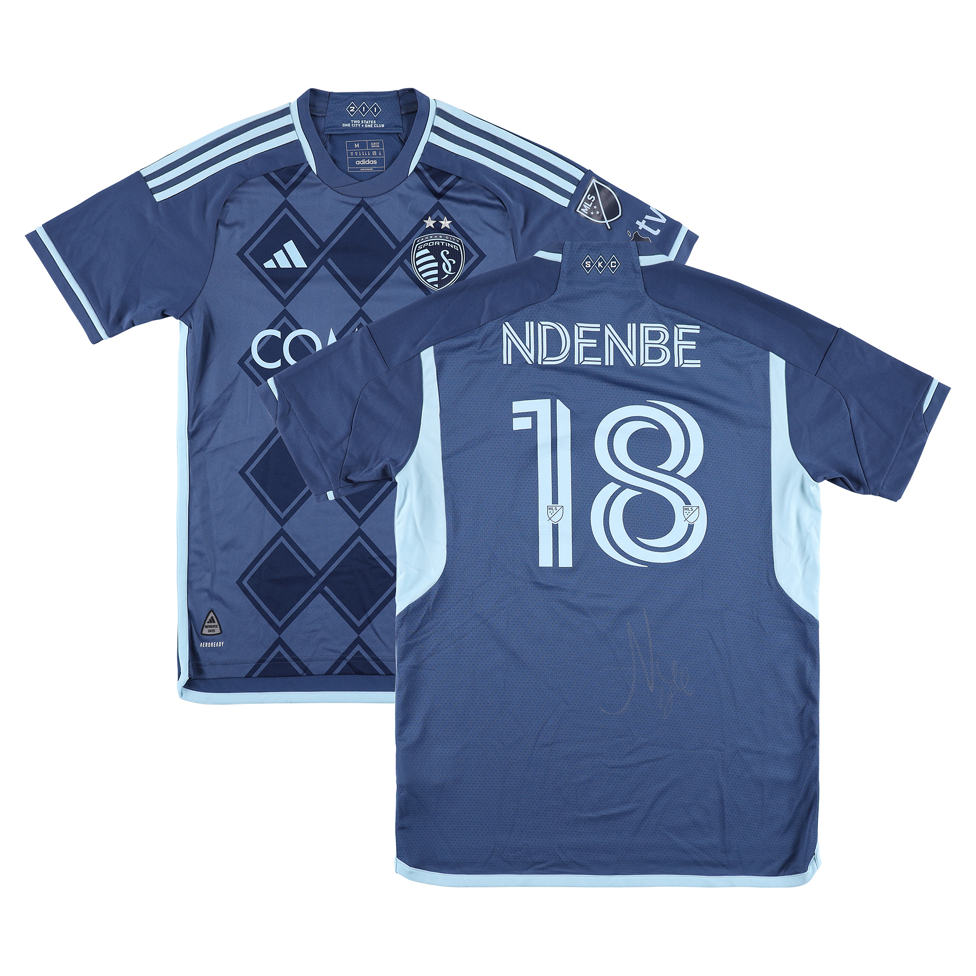 Logan Ndenbe Sporting Kansas City Autographed Match-Used #18 Navy Jersey from the 2025 MLS Season – Size M