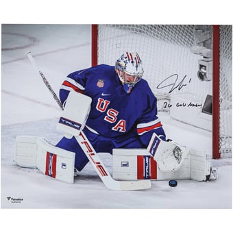 Jeremy Swayman Team USA Autographed 16" x 20" 2026 Winter Olympics Gold Medal Winner Photograph with "26 Gold Medal" Inscription