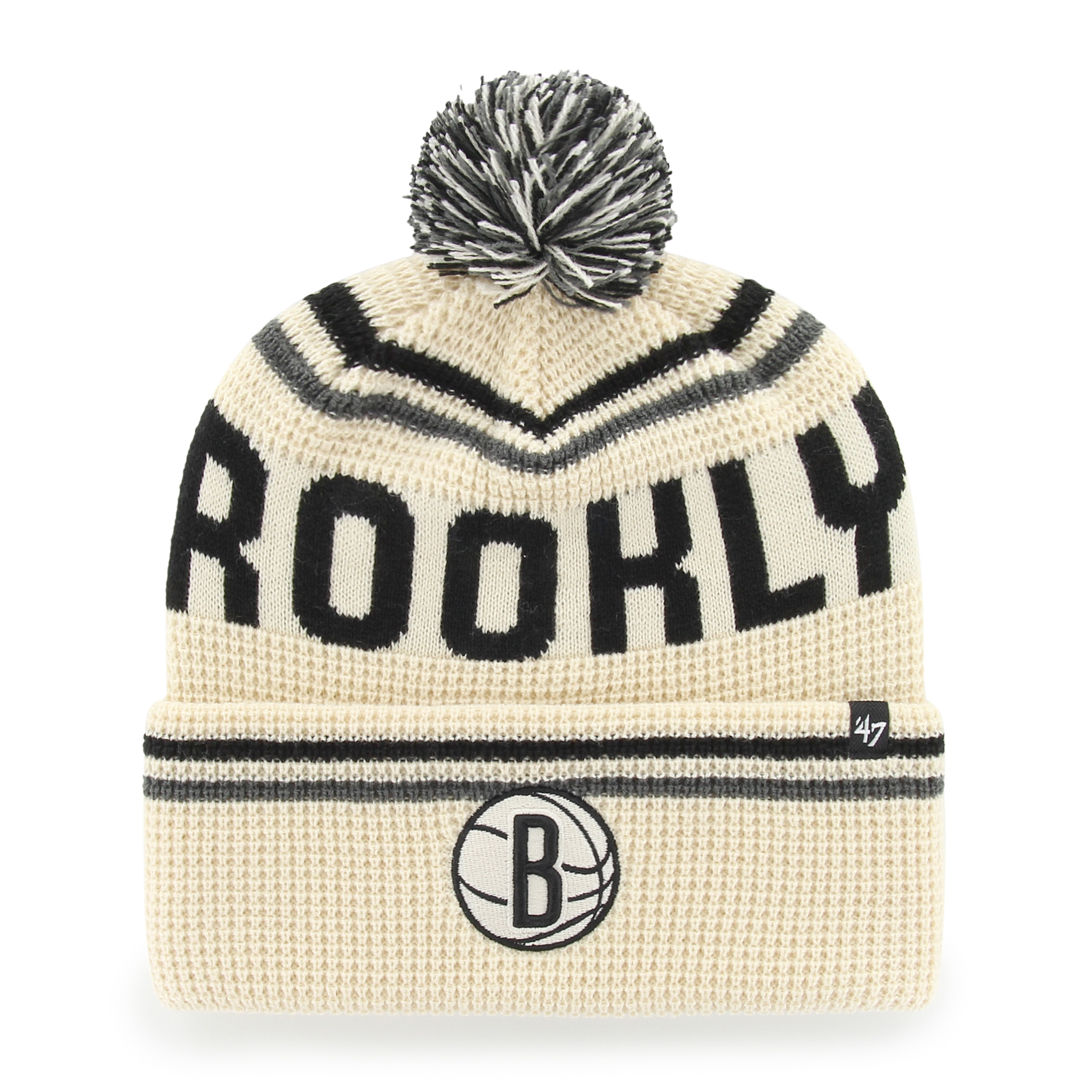 Men's '47 Natural Brooklyn Nets Quattrle Cuffed Knit Hat with Pom