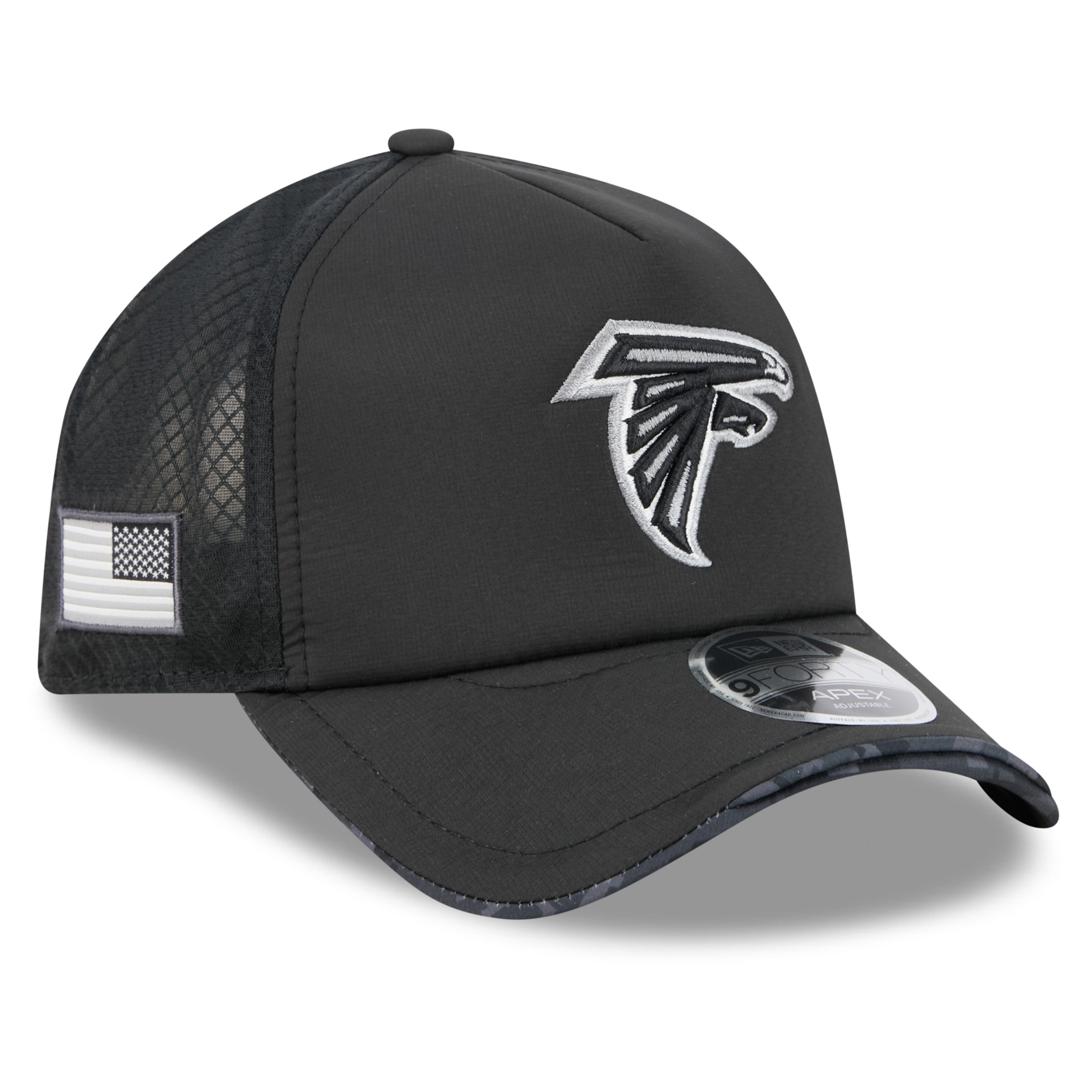 Men's New Era Black Atlanta Falcons 2026 Salute To Service Apex 9FORTY Adjustable Trucker Hat