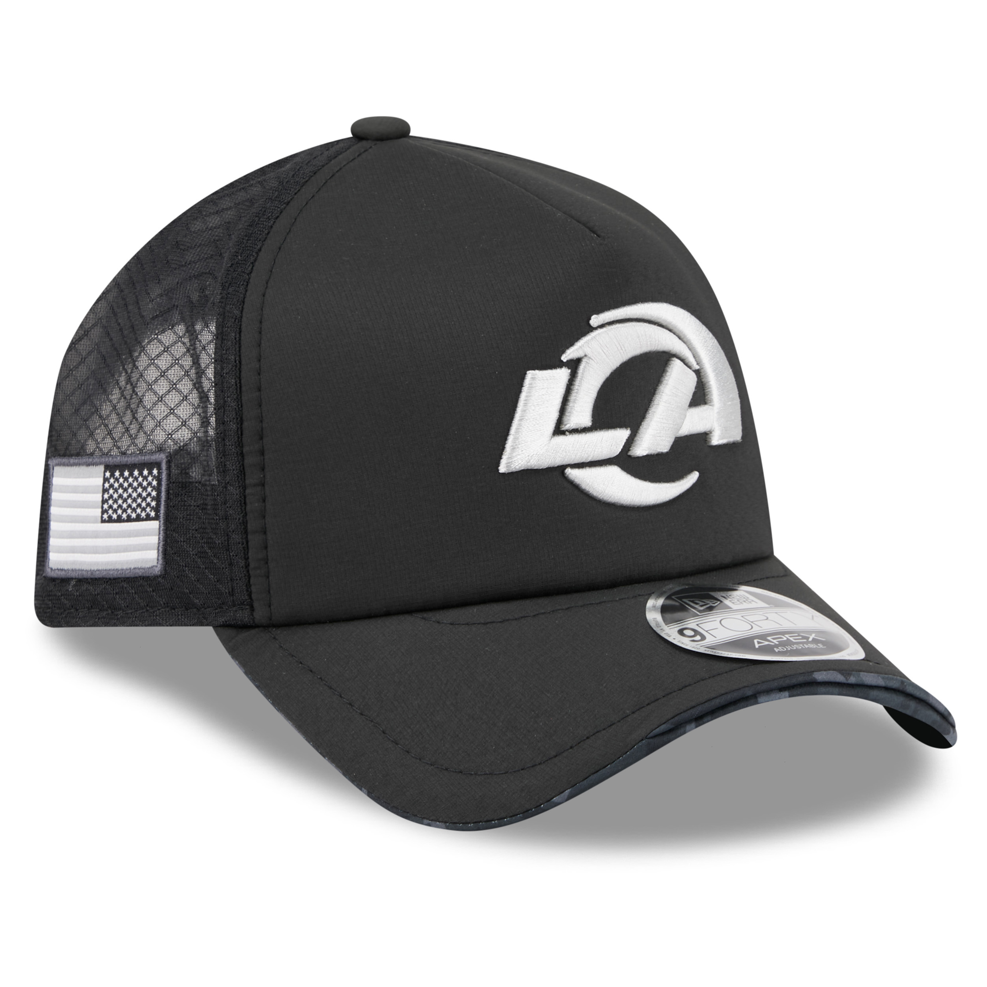 Men's New Era Black Los Angeles Rams 2026 Salute To Service Apex 9FORTY Adjustable Trucker Hat