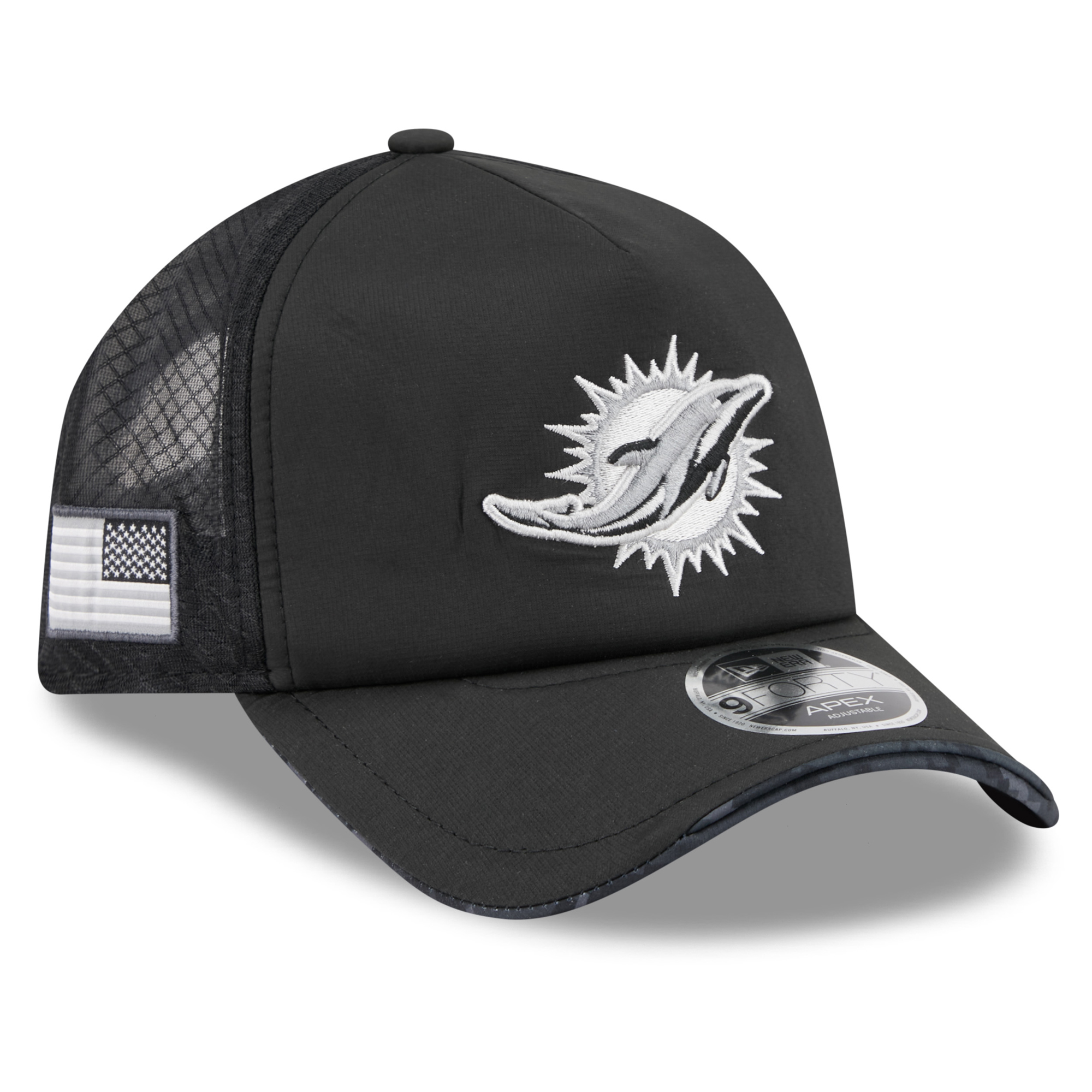 Men's New Era Black Miami Dolphins 2026 Salute To Service Apex 9FORTY Adjustable Trucker Hat