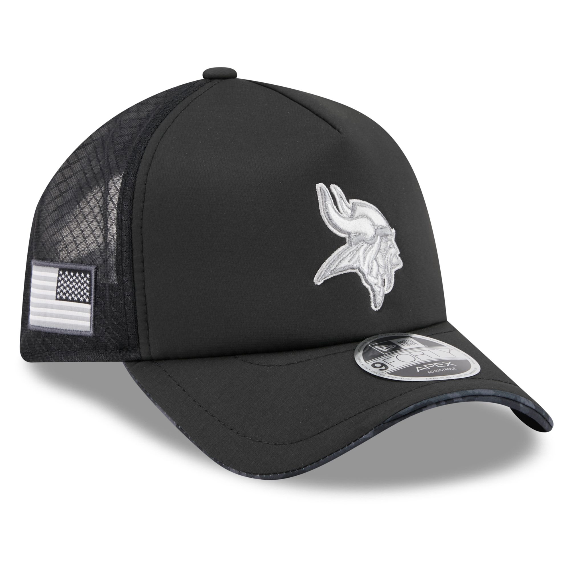 Men's New Era Black Minnesota Vikings 2026 Salute To Service Apex 9FORTY Adjustable Trucker Hat