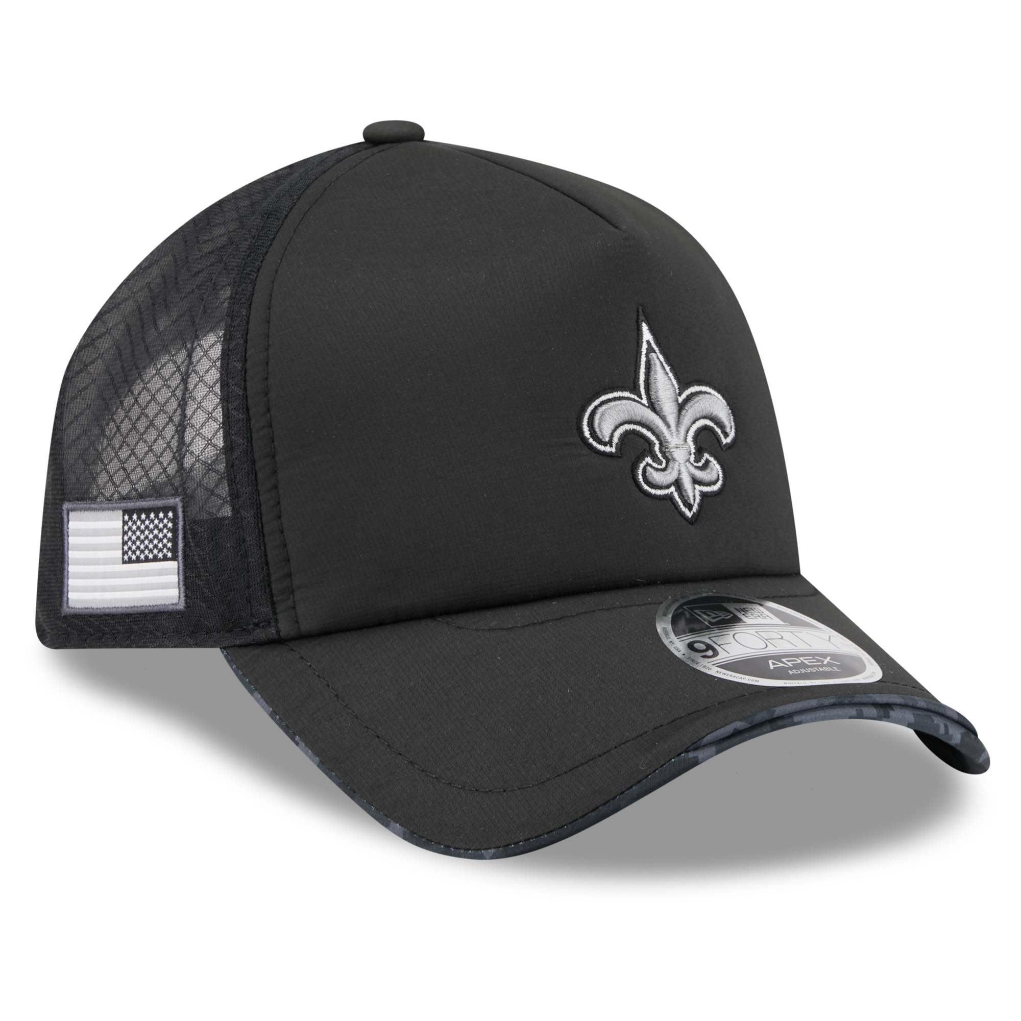 Men's New Era Black New Orleans Saints 2026 Salute To Service Apex 9FORTY Adjustable Trucker Hat